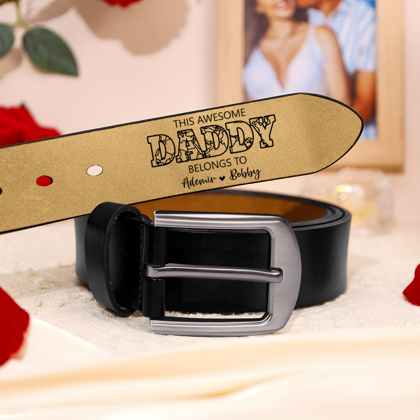 3 names - Personalized Father’s Day Belt – Custom Engraved Cowhide Leather Belt for Dad - Hidden Message & Name