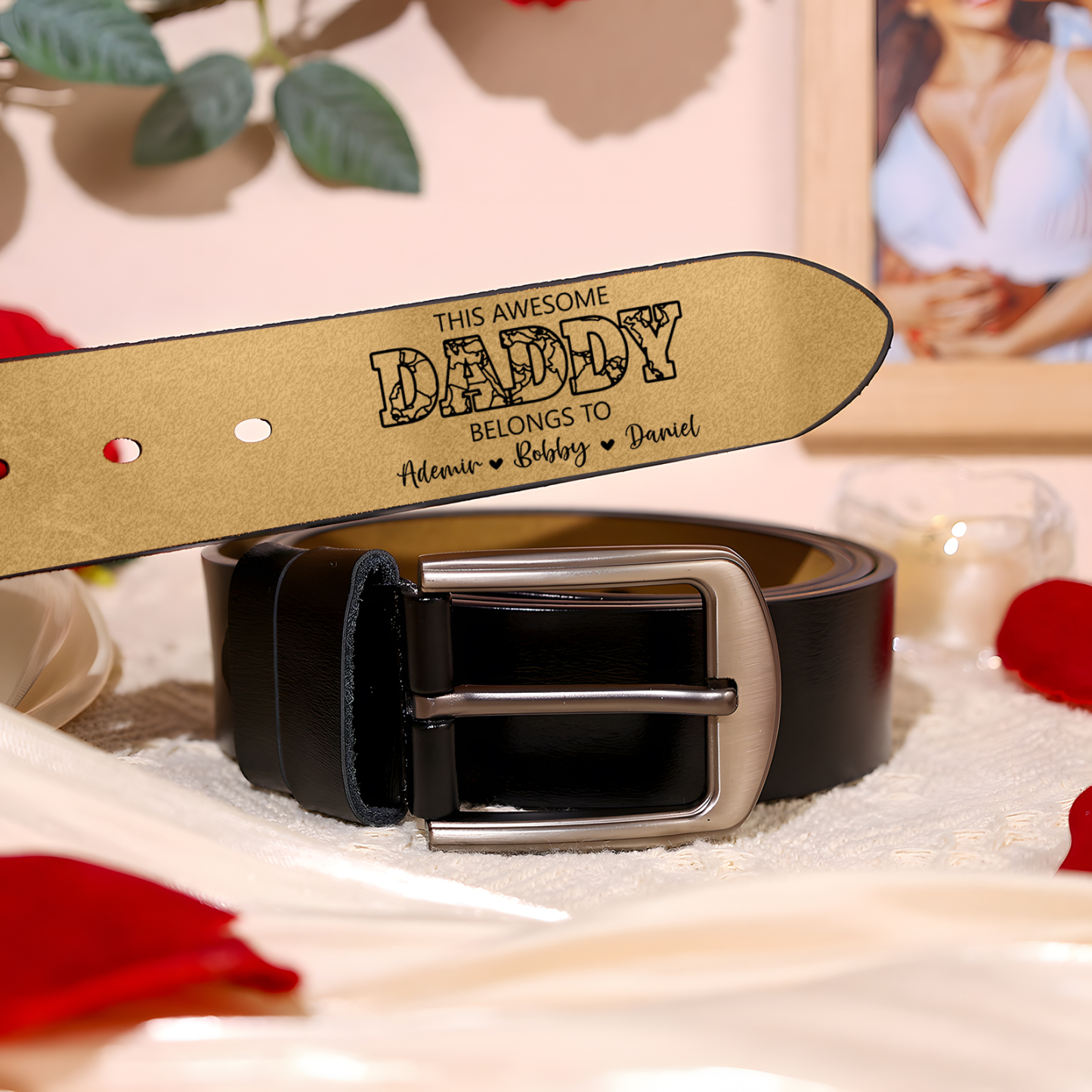 4 names - Personalized Father’s Day Belt – Custom Engraved Cowhide Leather Belt for Dad - Hidden Message & Name