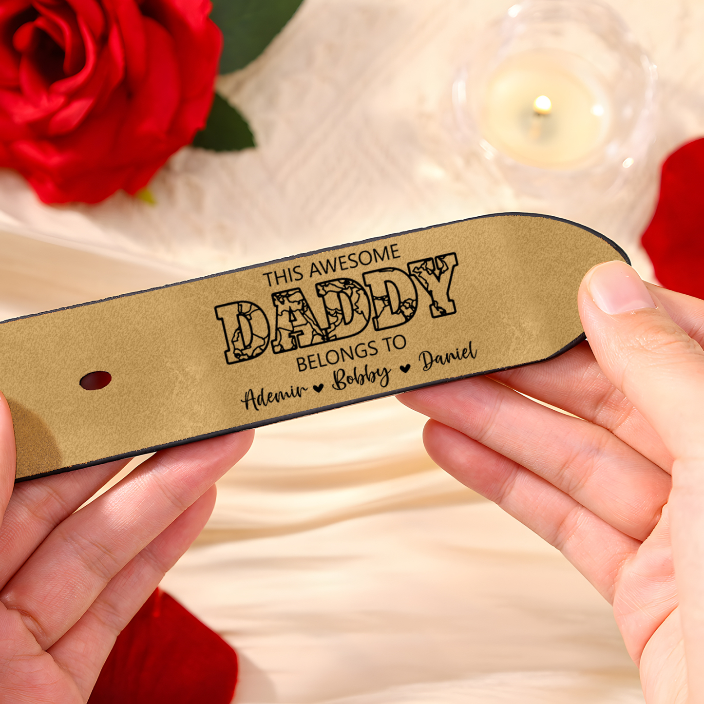 4 names - Personalized Father’s Day Belt – Custom Engraved Cowhide Leather Belt for Dad - Hidden Message & Name