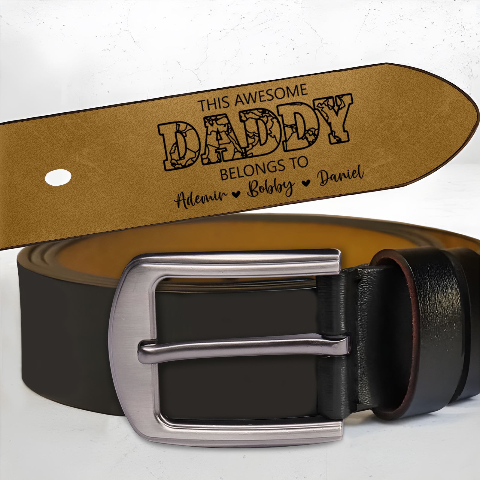 4 names - Personalized Father’s Day Belt – Custom Engraved Cowhide Leather Belt for Dad - Hidden Message & Name