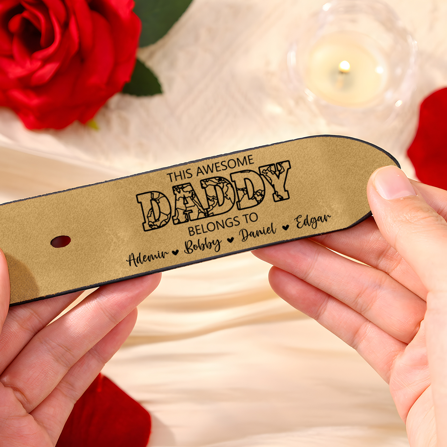 5 names - Personalized Father’s Day Belt – Custom Engraved Cowhide Leather Belt for Dad - Hidden Message & Name