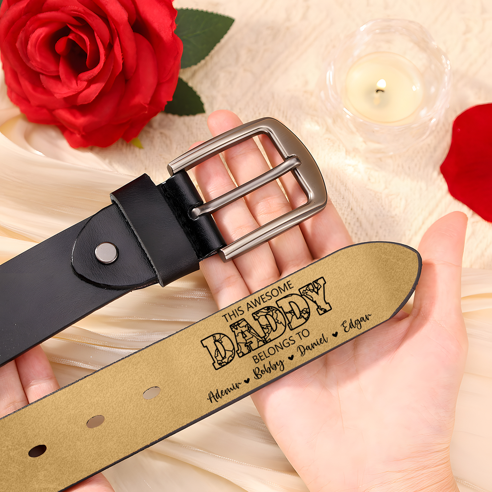 5 names - Personalized Father’s Day Belt – Custom Engraved Cowhide Leather Belt for Dad - Hidden Message & Name