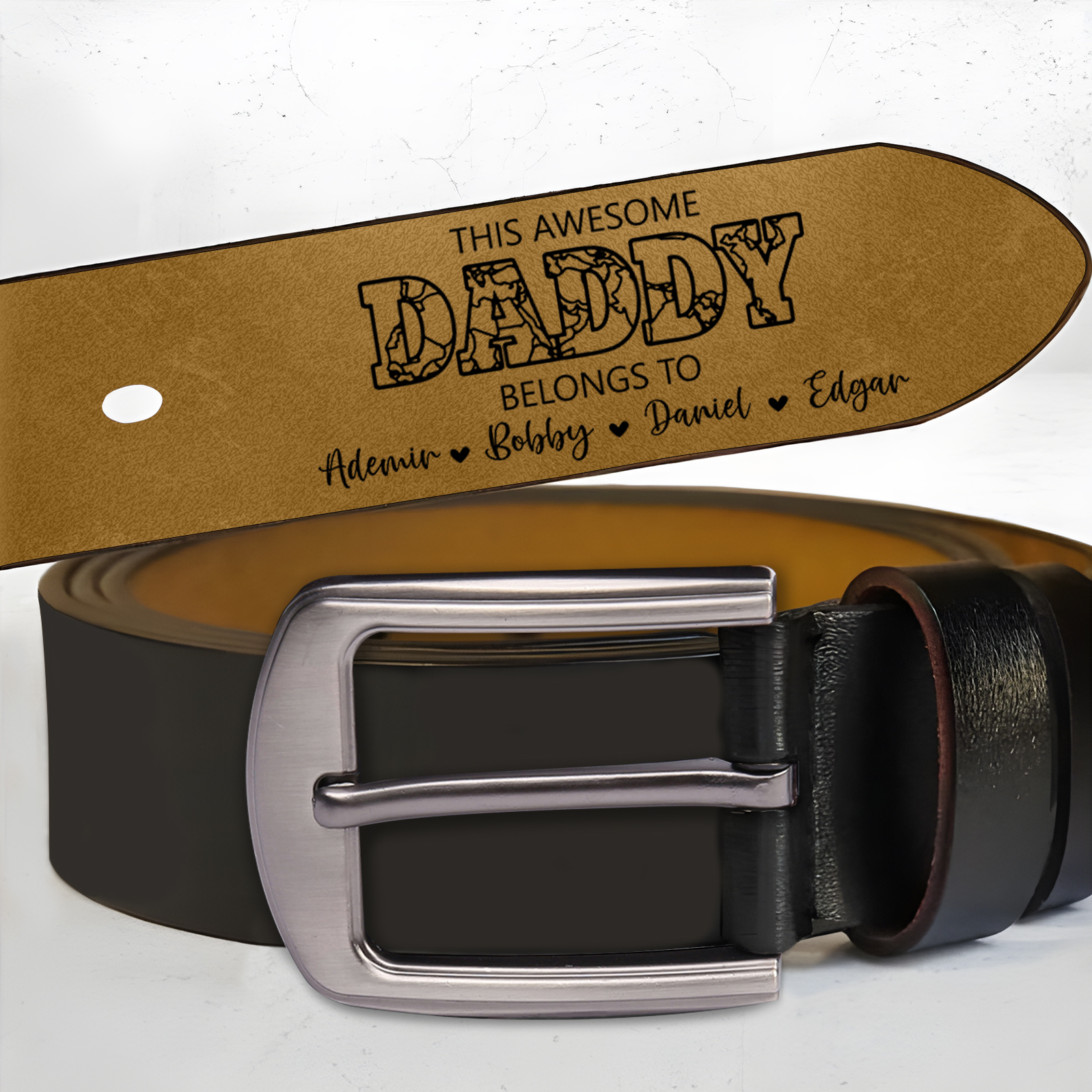 5 names - Personalized Father’s Day Belt – Custom Engraved Cowhide Leather Belt for Dad - Hidden Message & Name
