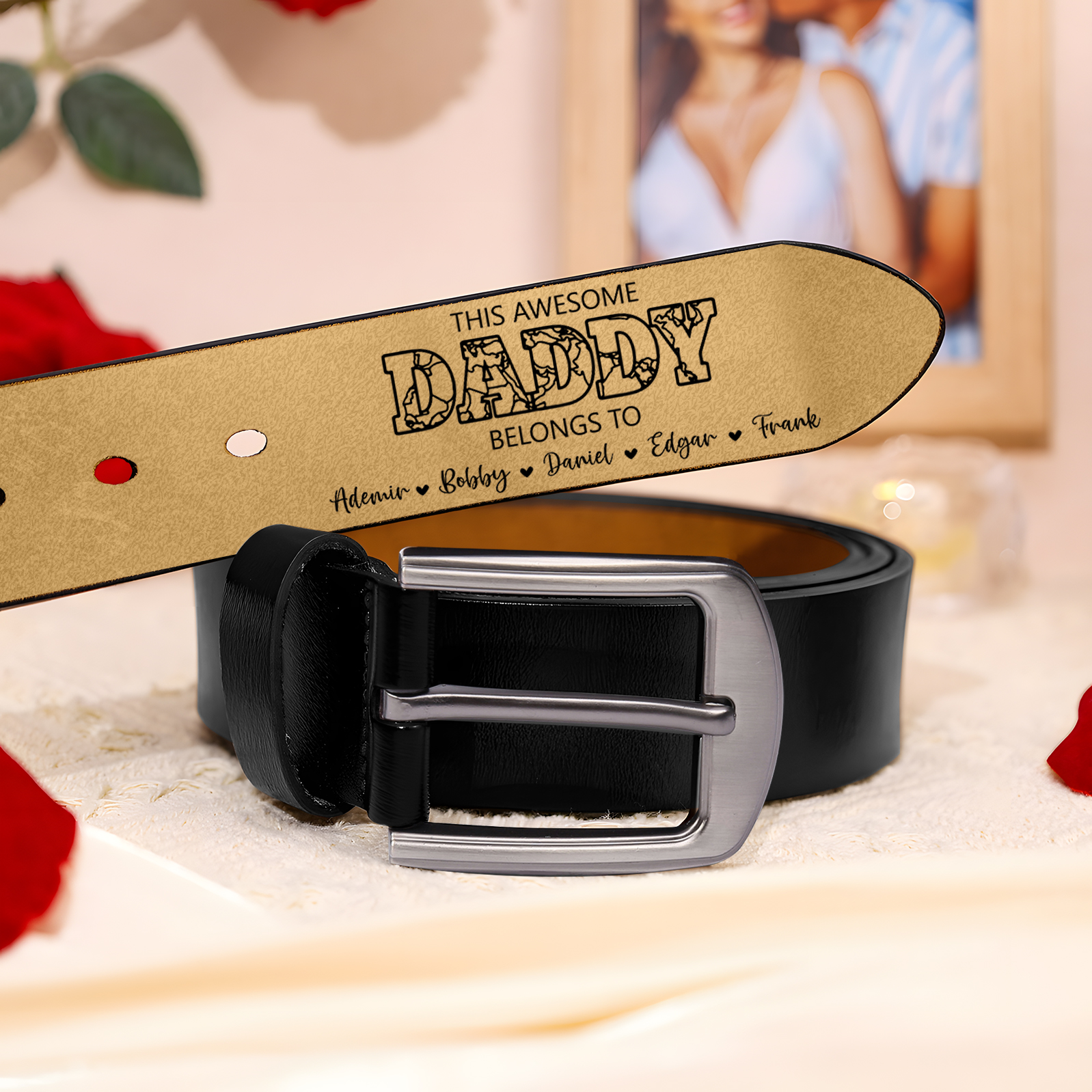 6 names - Personalized Father’s Day Belt – Custom Engraved Cowhide Leather Belt for Dad - Hidden Message & Name