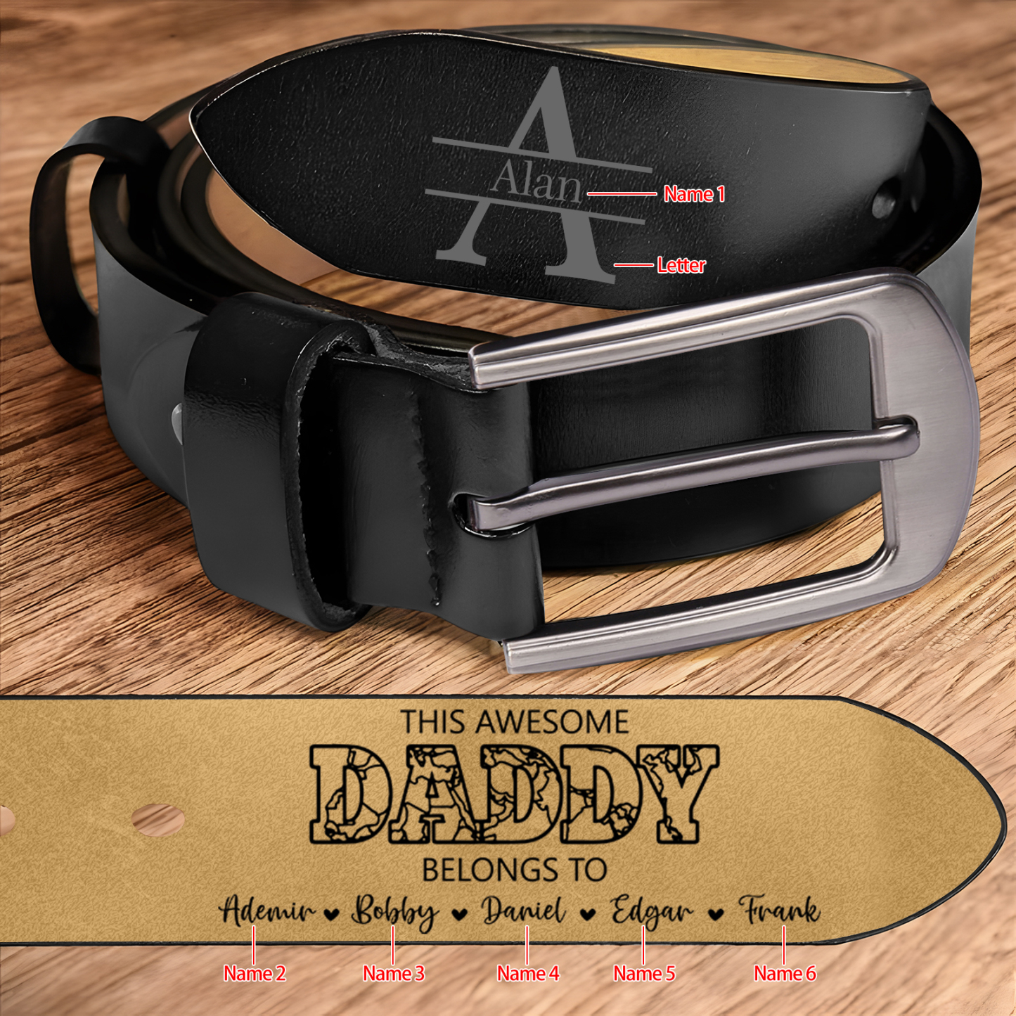 6 names - Personalized Father’s Day Belt – Custom Engraved Cowhide Leather Belt for Dad - Hidden Message & Name