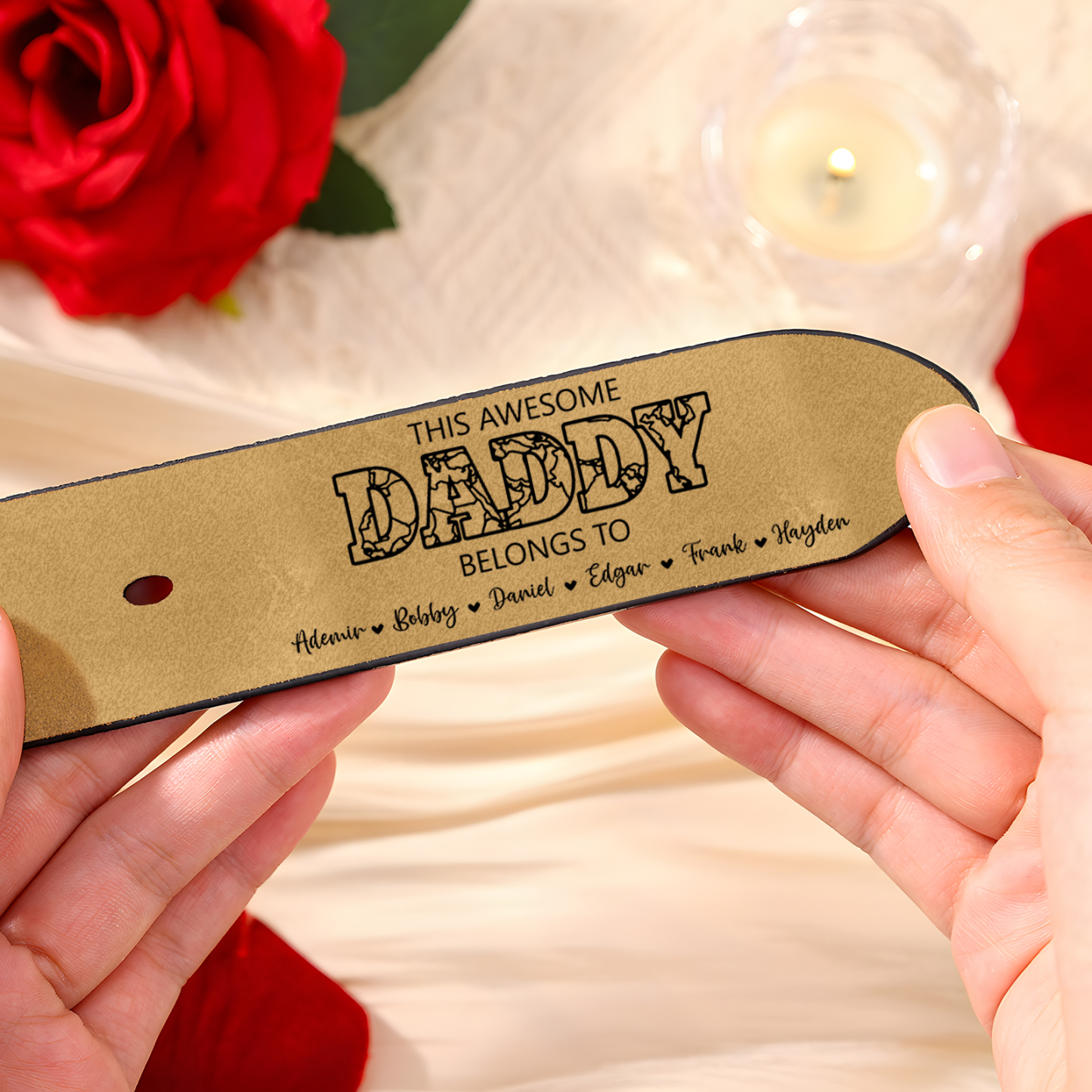 7 names - Personalized Father’s Day Belt – Custom Engraved Cowhide Leather Belt for Dad - Hidden Message & Name