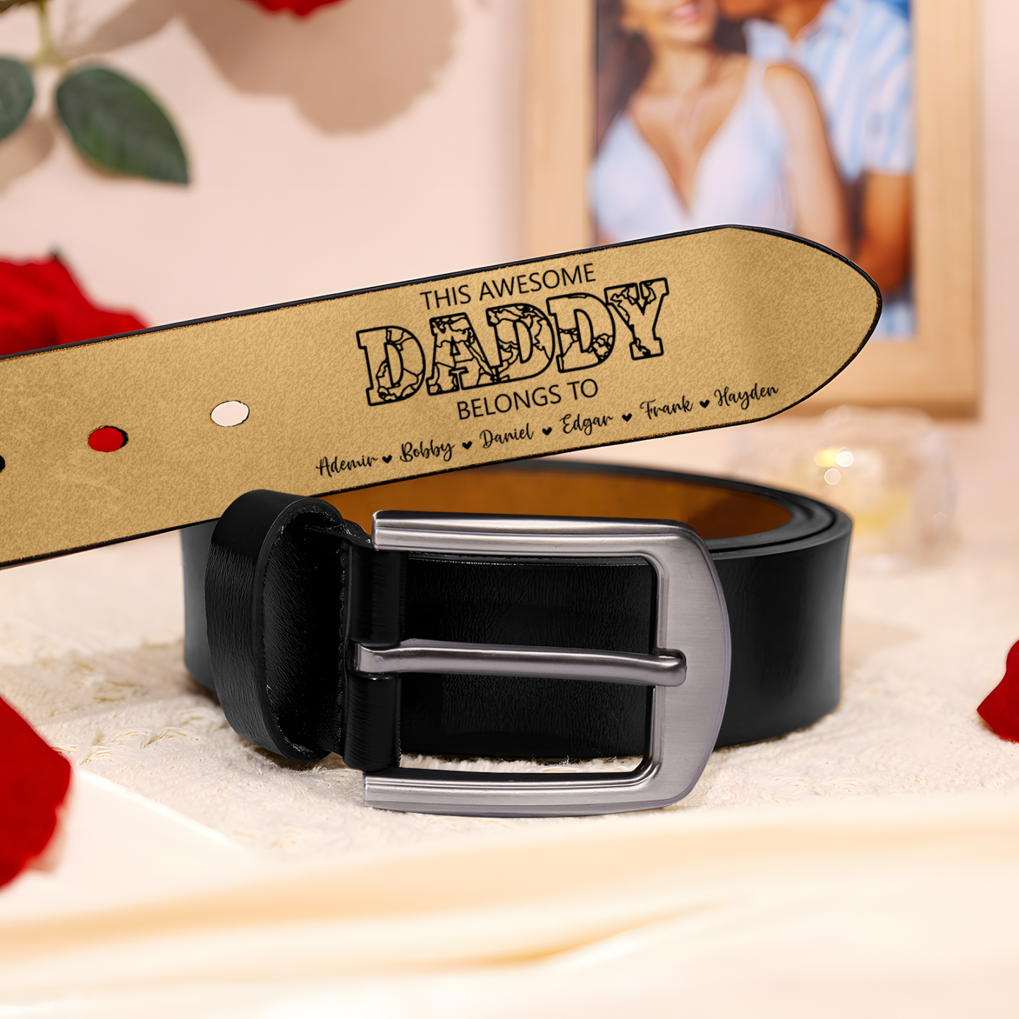 7 names - Personalized Father’s Day Belt – Custom Engraved Cowhide Leather Belt for Dad - Hidden Message & Name
