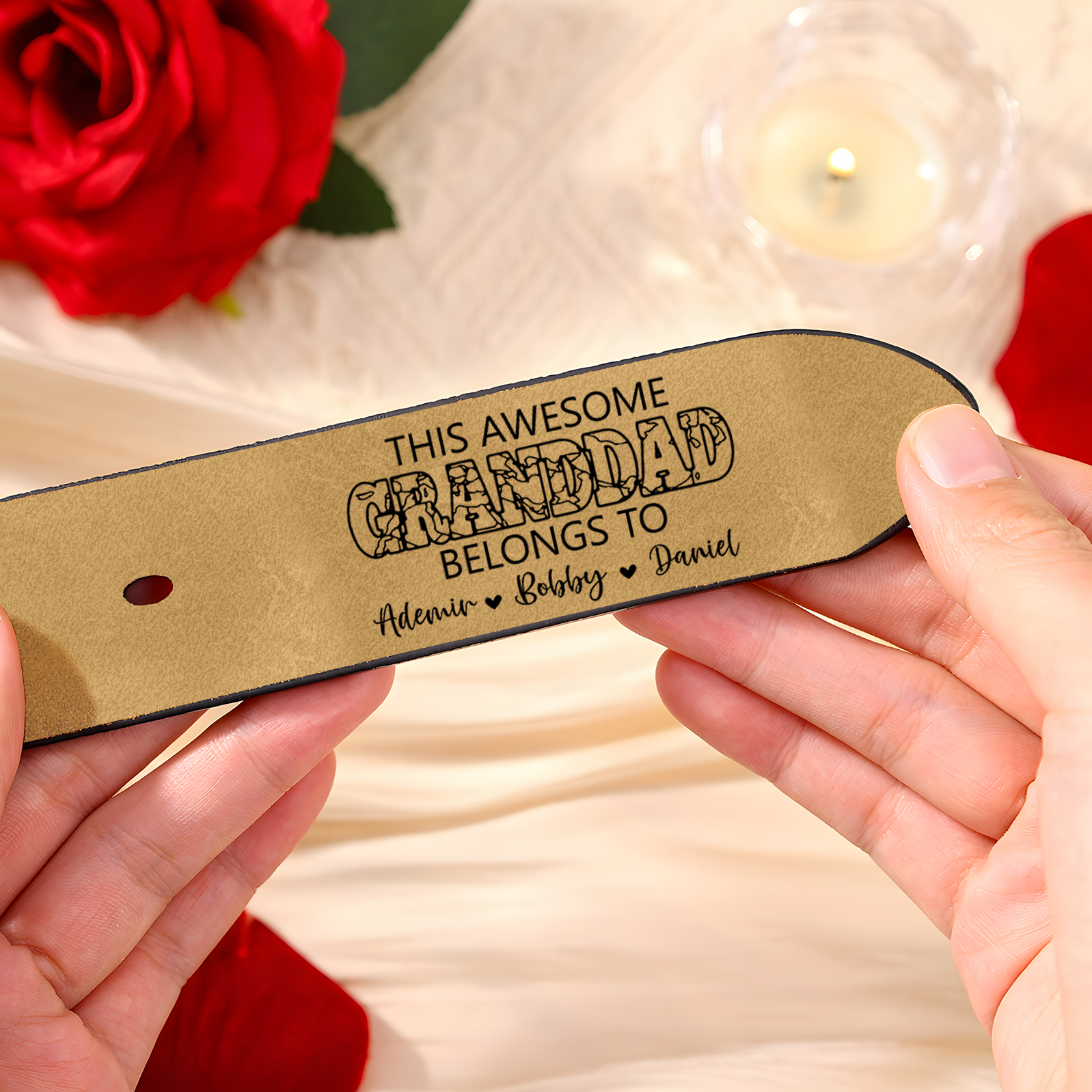 4 names - Personalized Father’s Day Belt – Custom Engraved Cowhide Leather Belt for Granddad - Hidden Message & Name