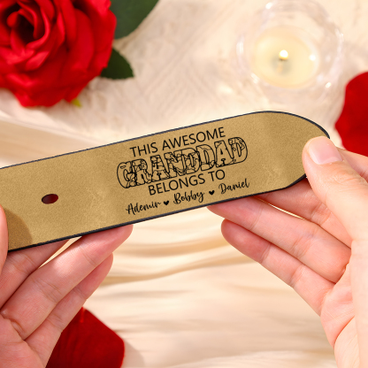 4 names - Personalized Father’s Day Belt – Custom Engraved Cowhide Leather Belt for Granddad - Hidden Message & Name