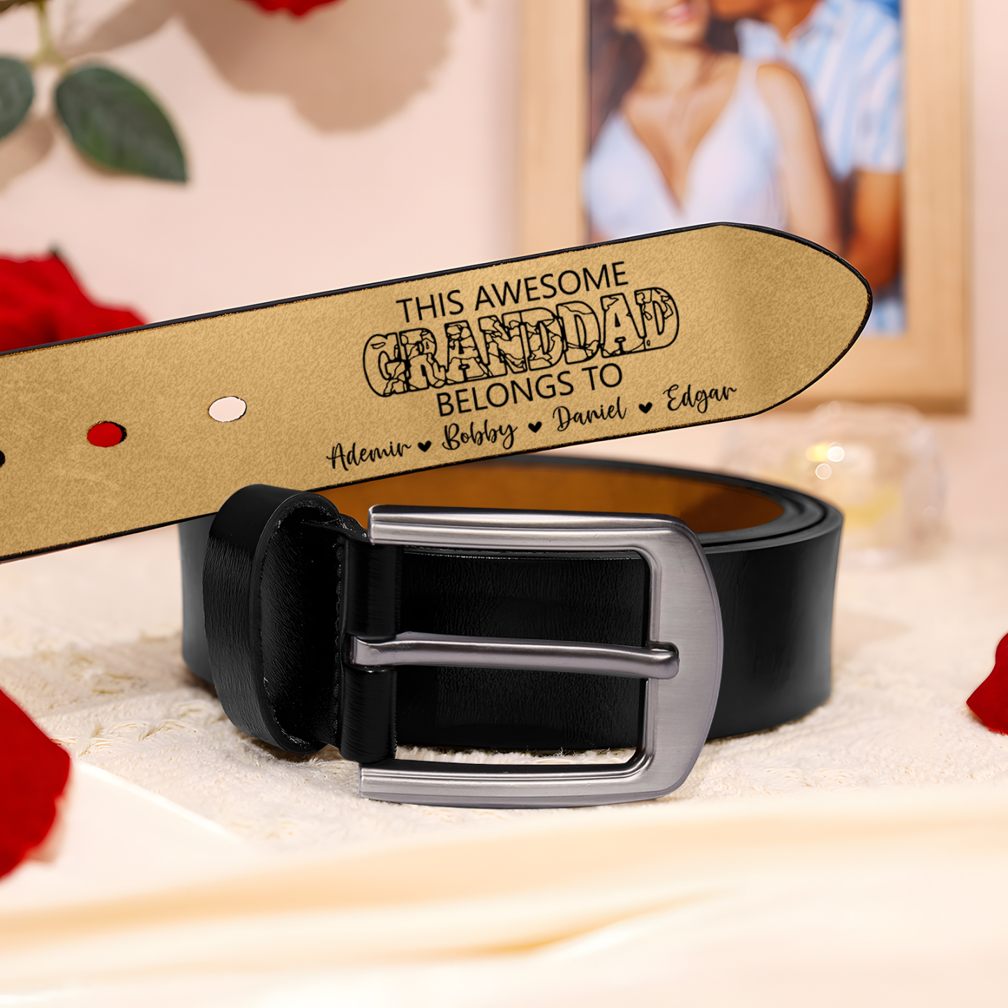 5 names - Personalized Father’s Day Belt – Custom Engraved Cowhide Leather Belt for Granddad - Hidden Message & Name