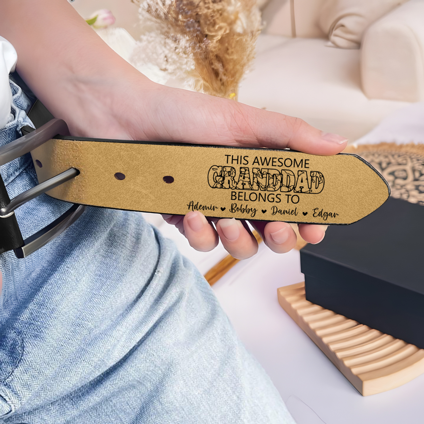 5 names - Personalized Father’s Day Belt – Custom Engraved Cowhide Leather Belt for Granddad - Hidden Message & Name