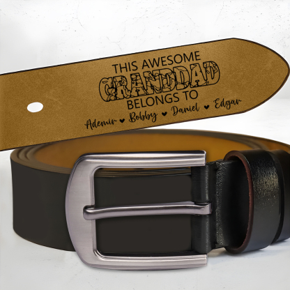 5 names - Personalized Father’s Day Belt – Custom Engraved Cowhide Leather Belt for Granddad - Hidden Message & Name