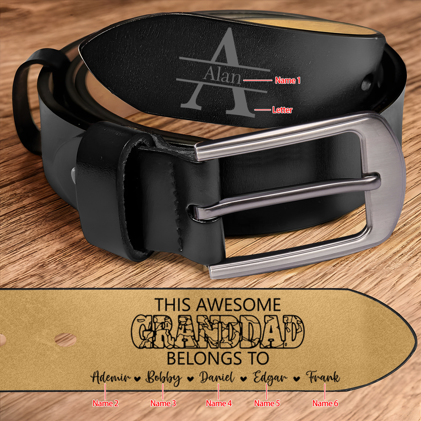 6 names - Personalized Father’s Day Belt – Custom Engraved Cowhide Leather Belt for Granddad - Hidden Message & Name