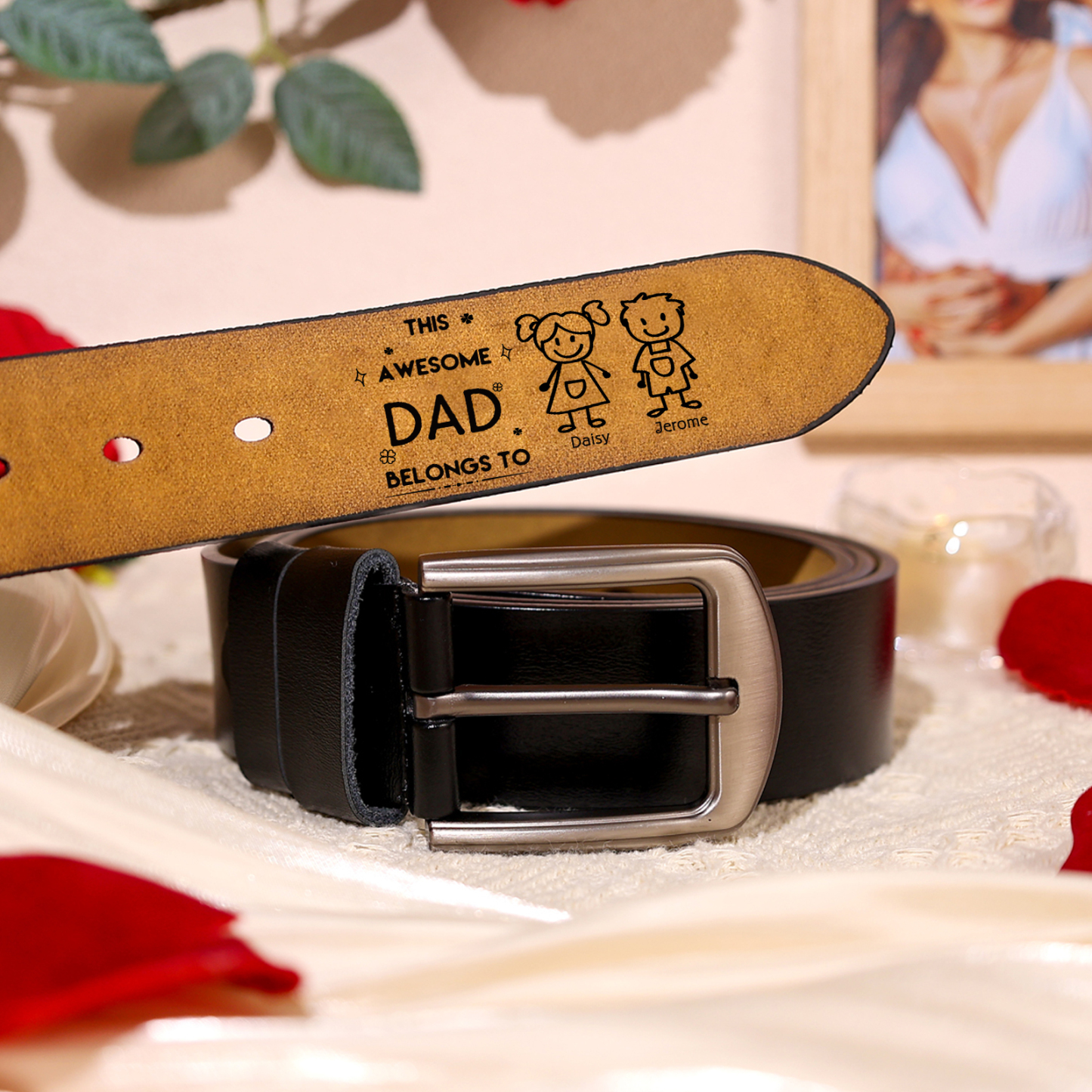 2 names - Personalized Leather Father’s Day Belt – Custom Name , Character Inside - Handmade Gift for Dad 