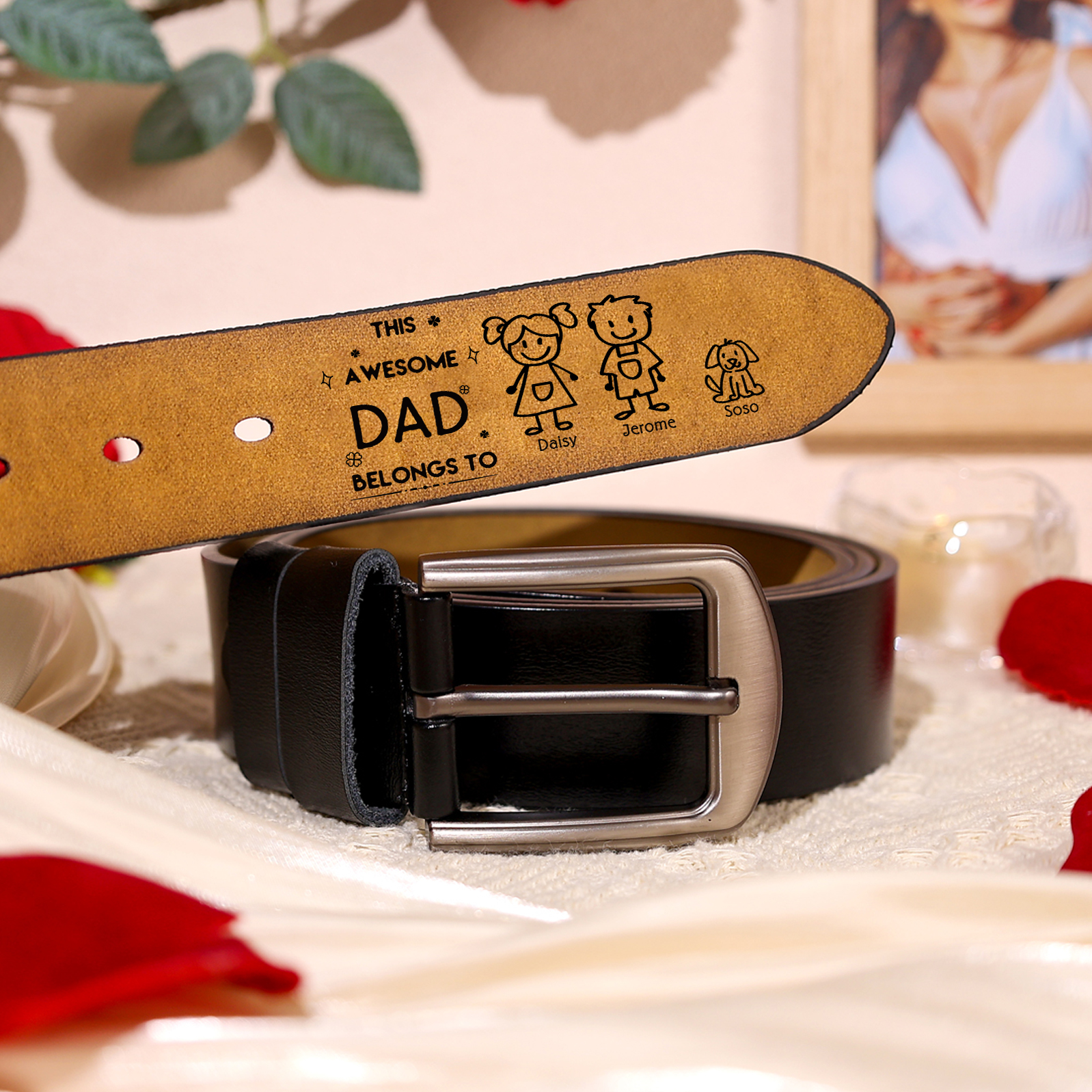 3 names - Personalized Leather Father’s Day Belt – Custom Name , Character Inside - Handmade Gift for Dad 