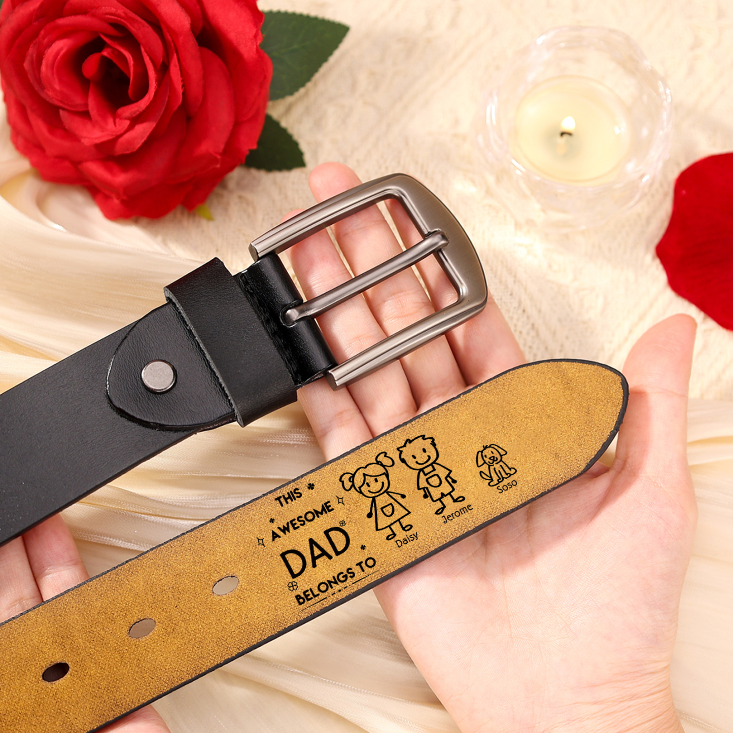 3 names - Personalized Leather Father’s Day Belt – Custom Name , Character Inside - Handmade Gift for Dad 