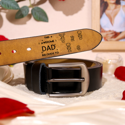5 names - Personalized Leather Father’s Day Belt – Custom Name , Character Inside - Handmade Gift for Dad 