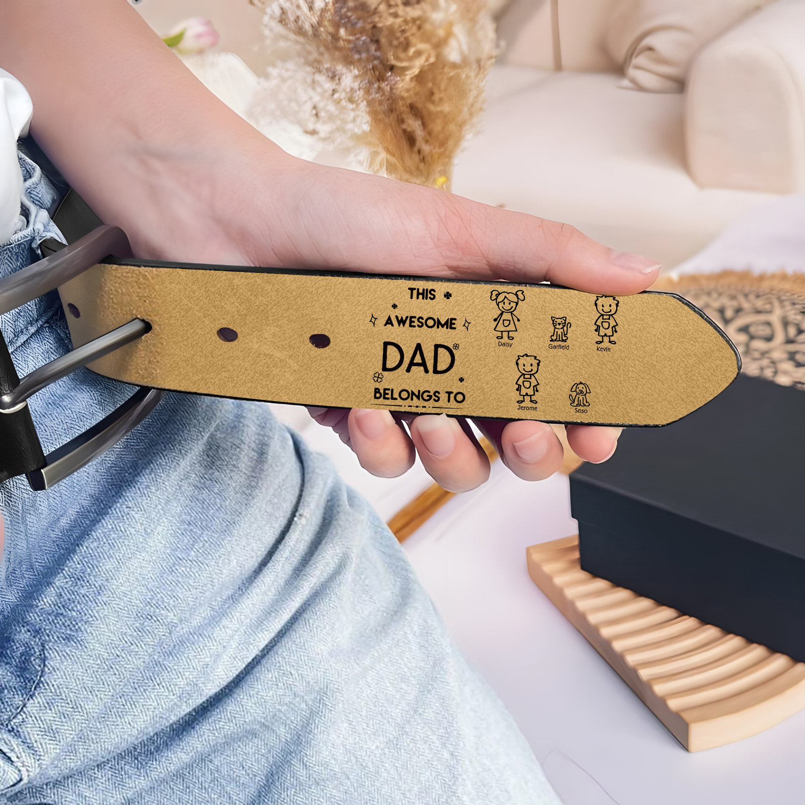 5 names - Personalized Leather Father’s Day Belt – Custom Name , Character Inside - Handmade Gift for Dad 