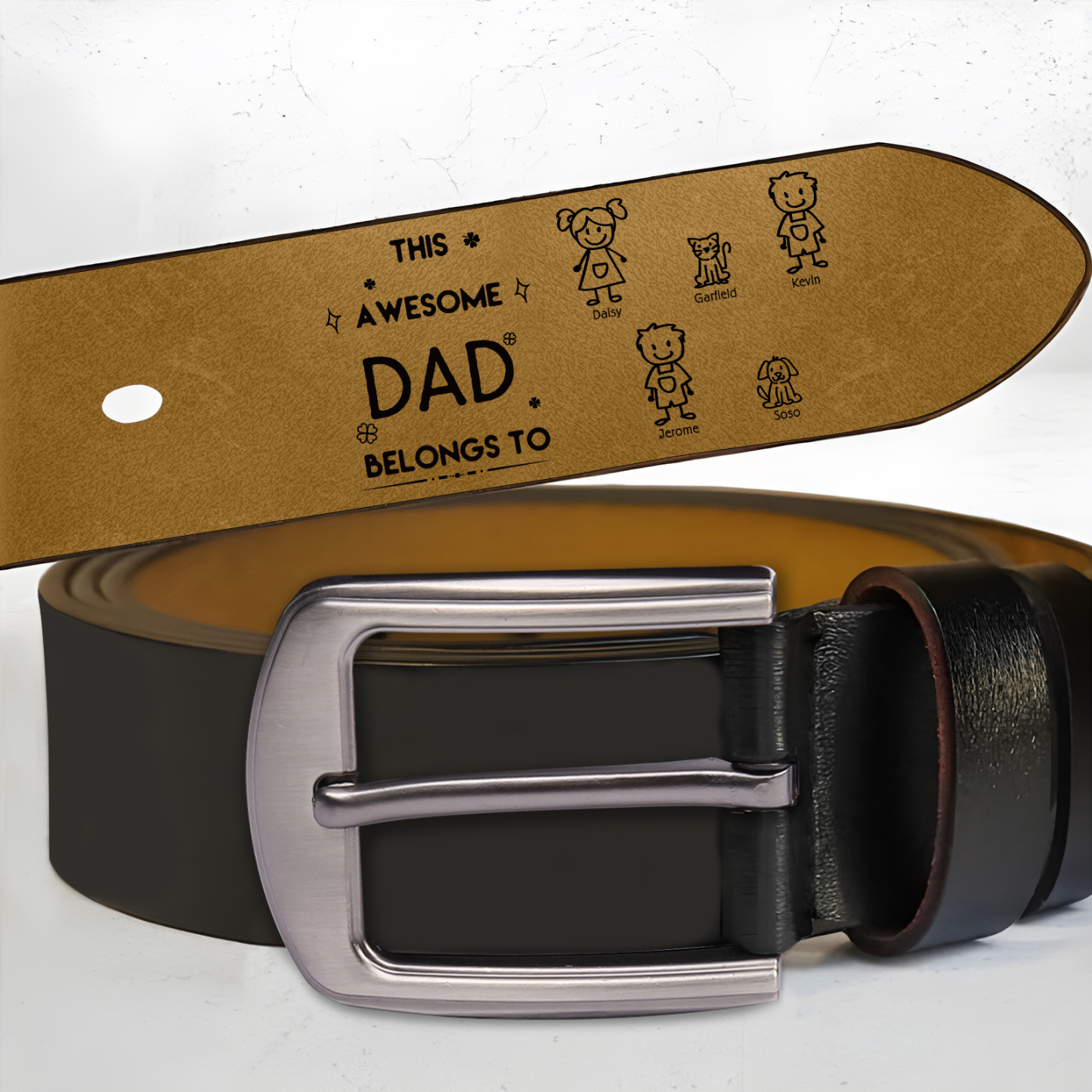 5 names - Personalized Leather Father’s Day Belt – Custom Name , Character Inside - Handmade Gift for Dad 