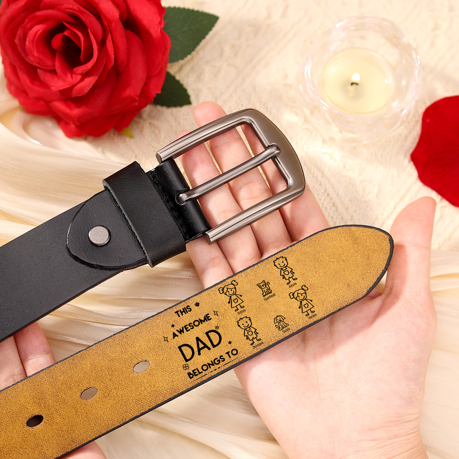 6 names - Personalized Leather Father’s Day Belt – Custom Name , Character Inside - Handmade Gift for Dad 