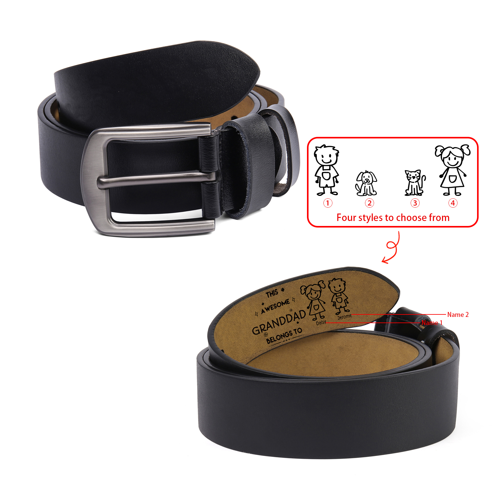 2 names - Personalized Leather Father’s Day Belt – Custom Name , Character Inside - Handmade Gift for Dad 