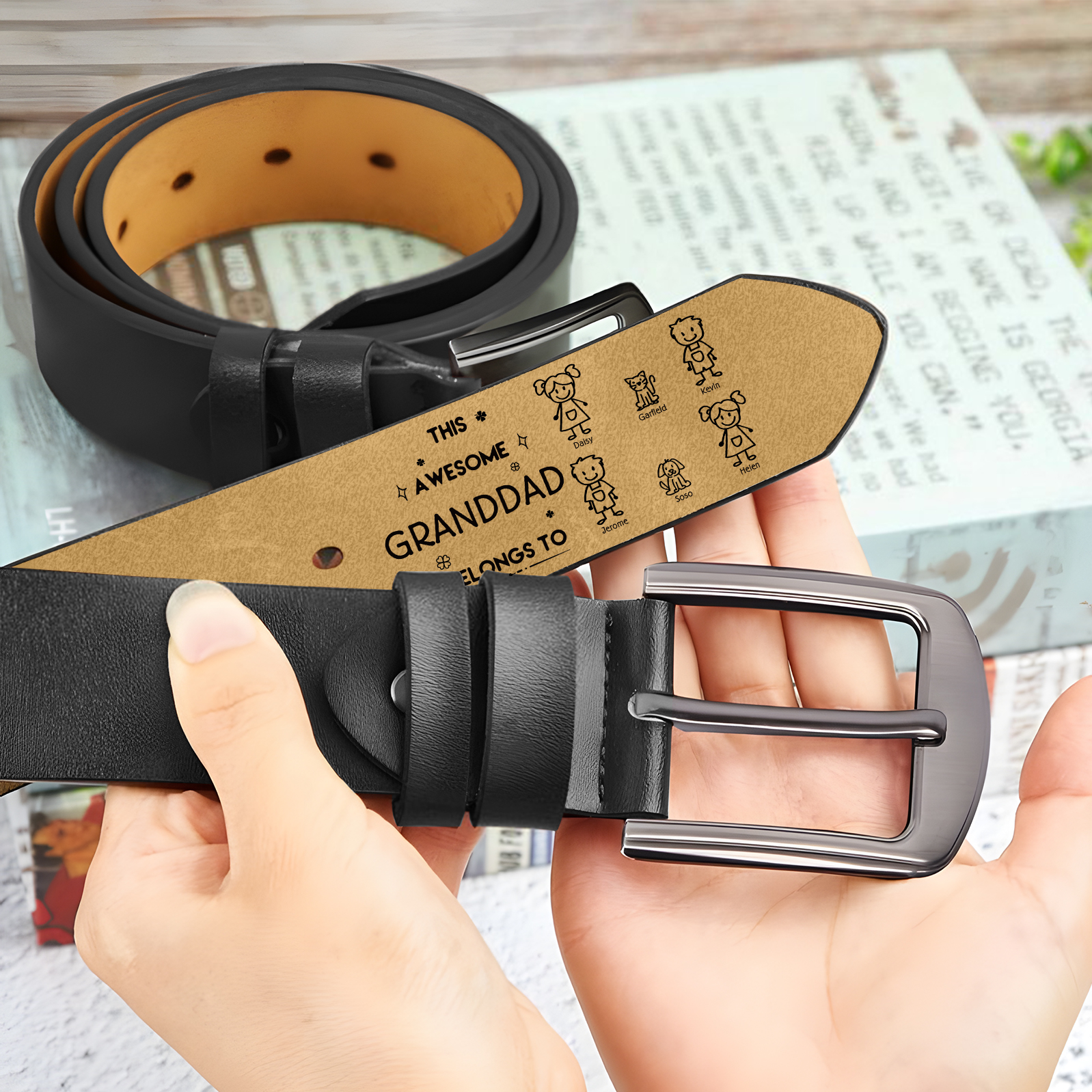 6 names - Personalized Leather Father’s Day Belt – Custom Name , Character Inside - Handmade Gift for Dad 