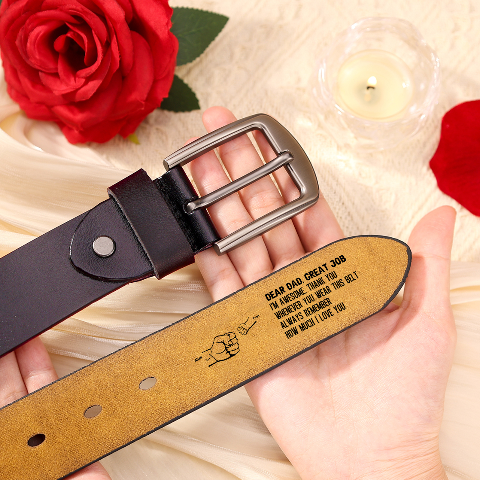 3 names - Personalized Father’s Day Belt "DEAR DAD GREAT JOB" – Custom Engraved Cowhide Leather Belt for Dad - Hidden Message & Name