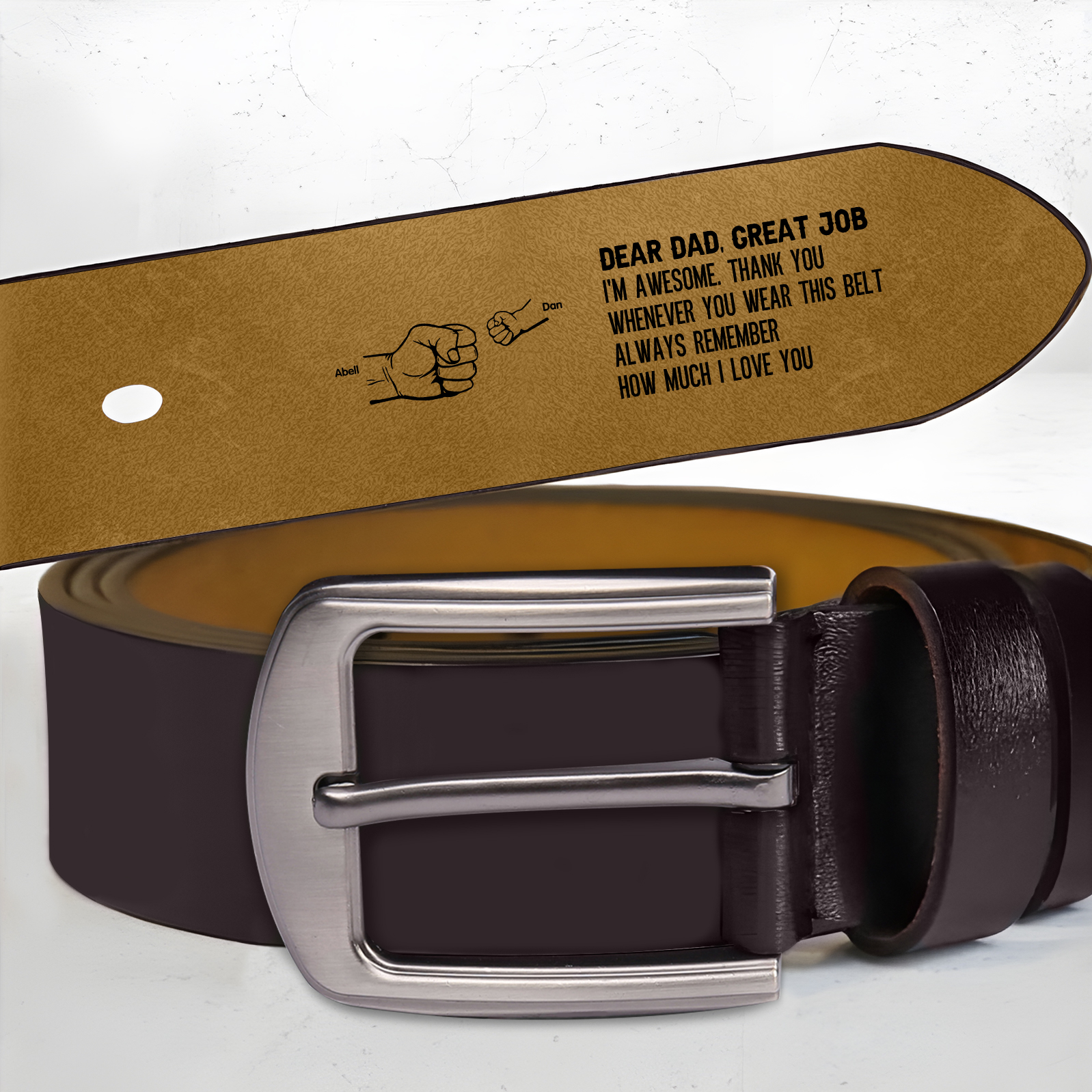 3 names - Personalized Father’s Day Belt "DEAR DAD GREAT JOB" – Custom Engraved Cowhide Leather Belt for Dad - Hidden Message & Name