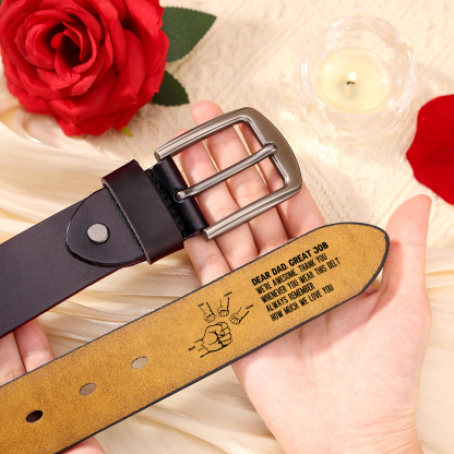 5 names - Personalized Father’s Day Belt "DEAR DAD GREAT JOB" – Custom Engraved Cowhide Leather Belt for Dad - Hidden Message & Name