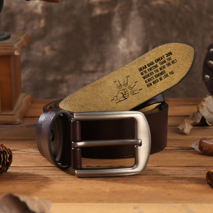 6 names - Personalized Father’s Day Belt "DEAR DAD GREAT JOB" – Custom Engraved Cowhide Leather Belt for Dad - Hidden Message & Name