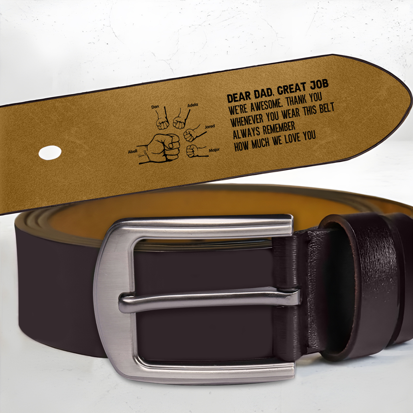 6 names - Personalized Father’s Day Belt "DEAR DAD GREAT JOB" – Custom Engraved Cowhide Leather Belt for Dad - Hidden Message & Name