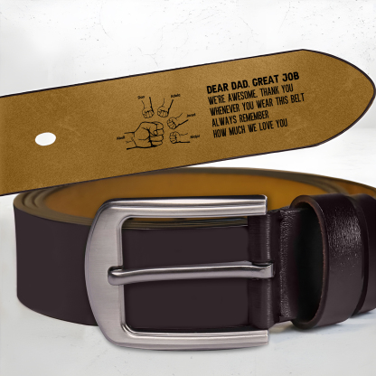6 names - Personalized Father’s Day Belt "DEAR DAD GREAT JOB" – Custom Engraved Cowhide Leather Belt for Dad - Hidden Message & Name