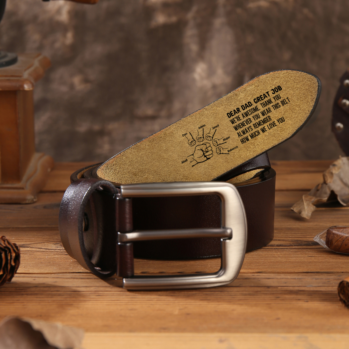 7 names - Personalized Father’s Day Belt "DEAR DAD GREAT JOB" – Custom Engraved Cowhide Leather Belt for Dad - Hidden Message & Name