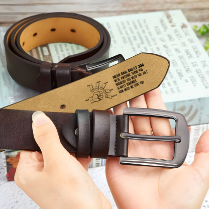 7 names - Personalized Father’s Day Belt "DEAR DAD GREAT JOB" – Custom Engraved Cowhide Leather Belt for Dad - Hidden Message & Name