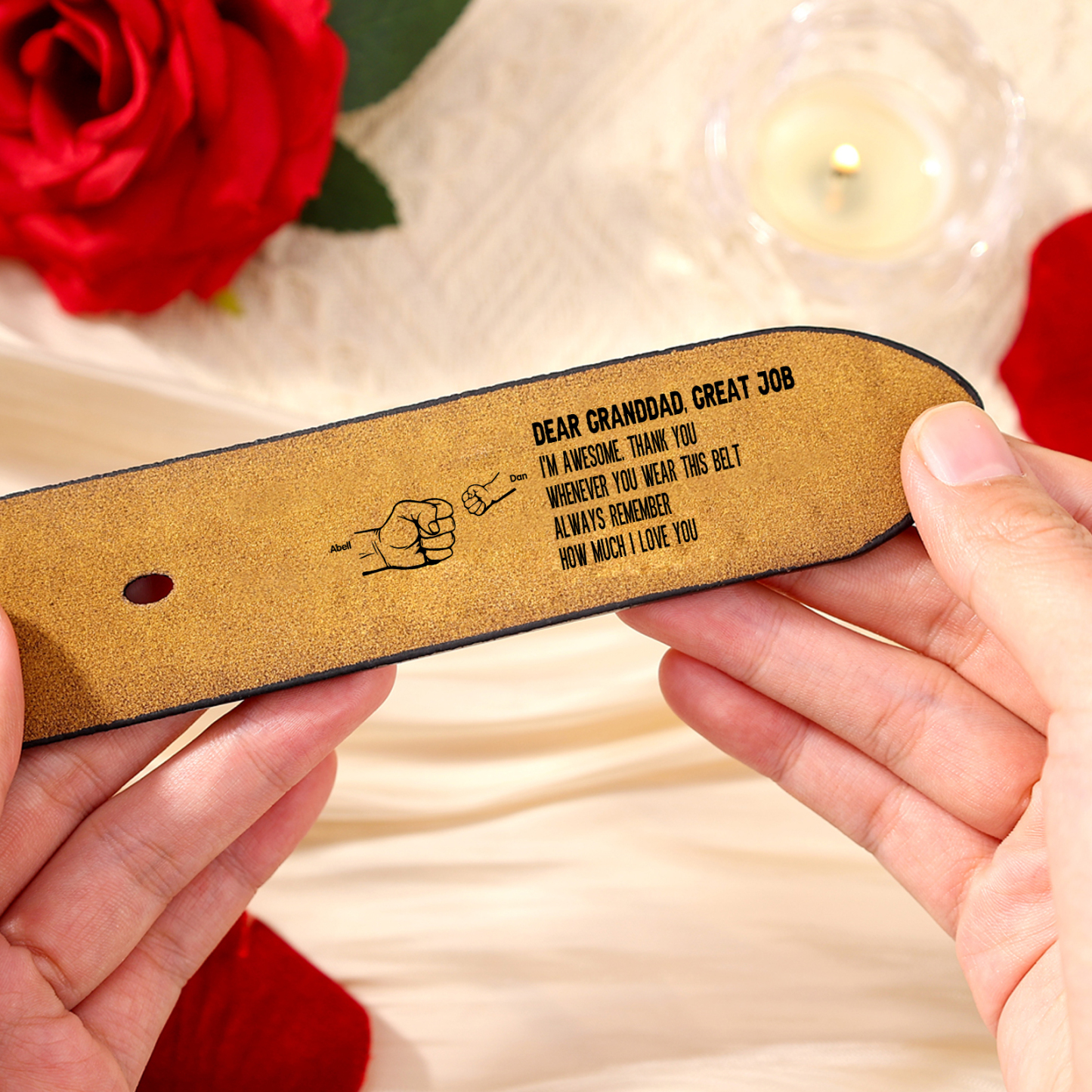 3 names - Personalized Father’s Day Belt "DEAR GRANDDAD GREAT JOB" – Custom Engraved Cowhide Leather Belt for Dad - Hidden Message & Name