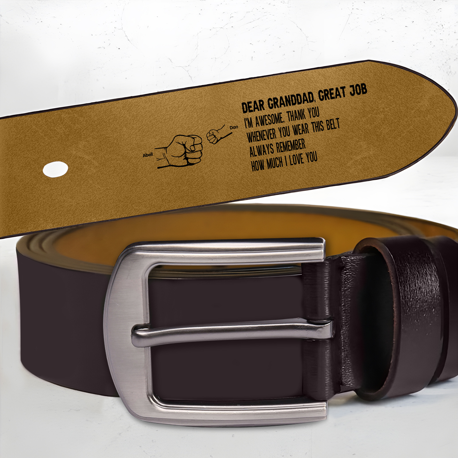 3 names - Personalized Father’s Day Belt "DEAR GRANDDAD GREAT JOB" – Custom Engraved Cowhide Leather Belt for Dad - Hidden Message & Name