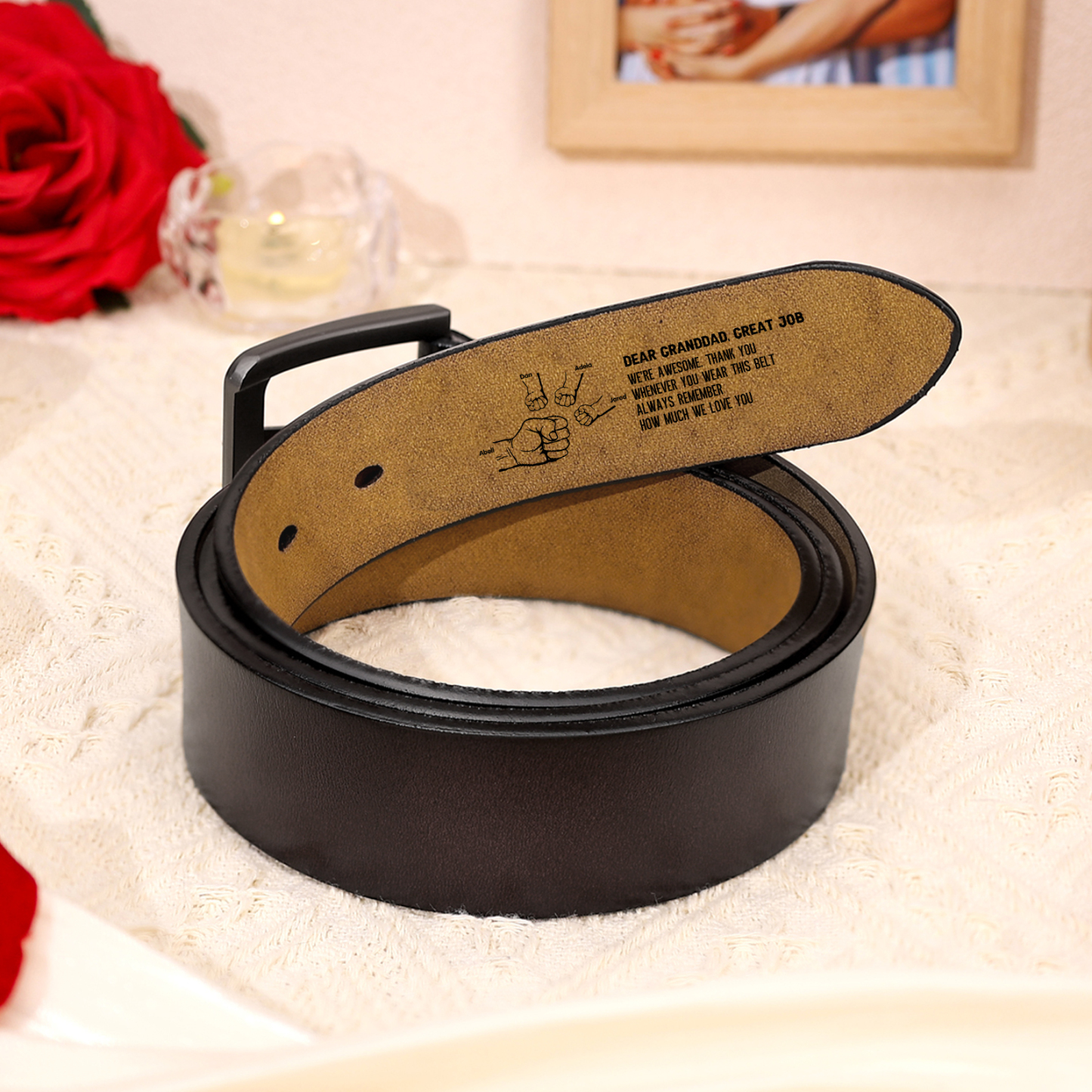 5 names - Personalized Father’s Day Belt "DEAR GRANDDAD GREAT JOB" – Custom Engraved Cowhide Leather Belt for Dad - Hidden Message & Name