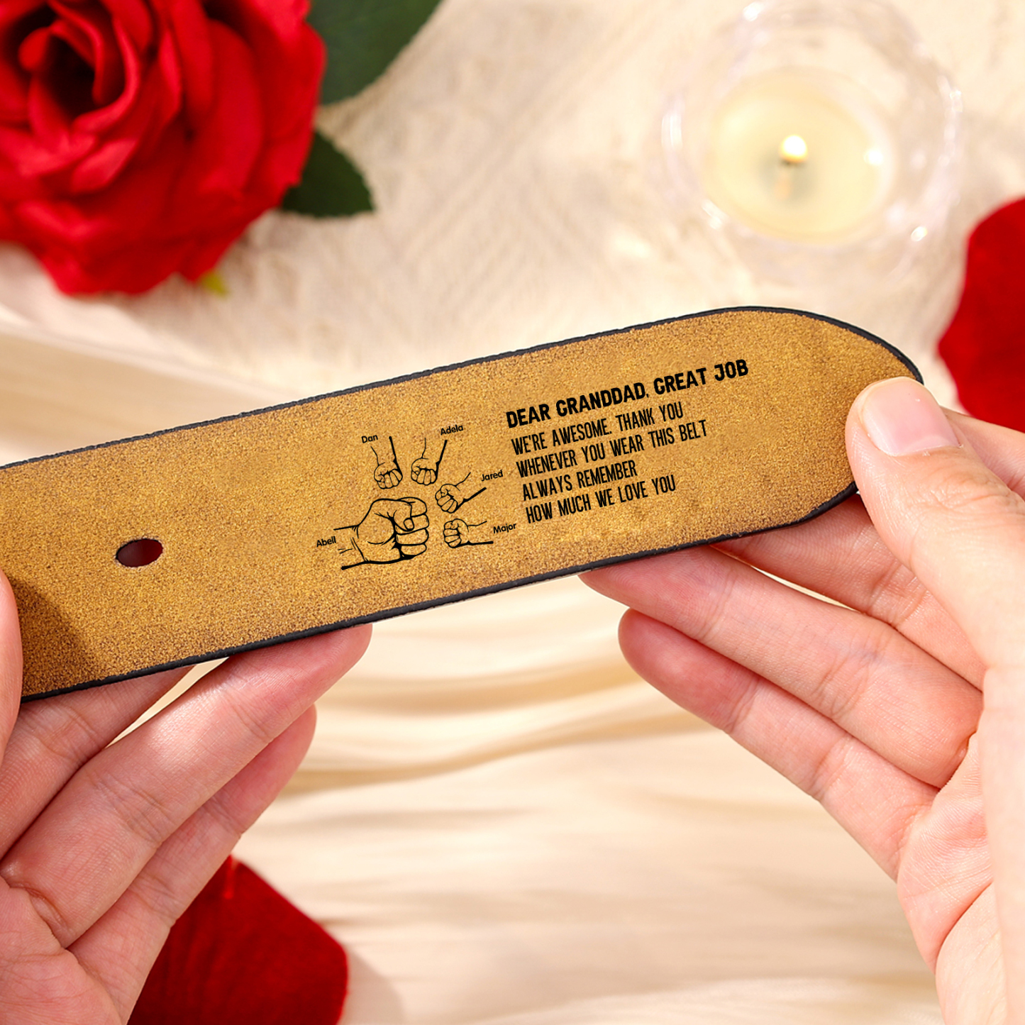 6 names - Personalized Father’s Day Belt "DEAR GRANDDAD GREAT JOB" – Custom Engraved Cowhide Leather Belt for Dad - Hidden Message & Name