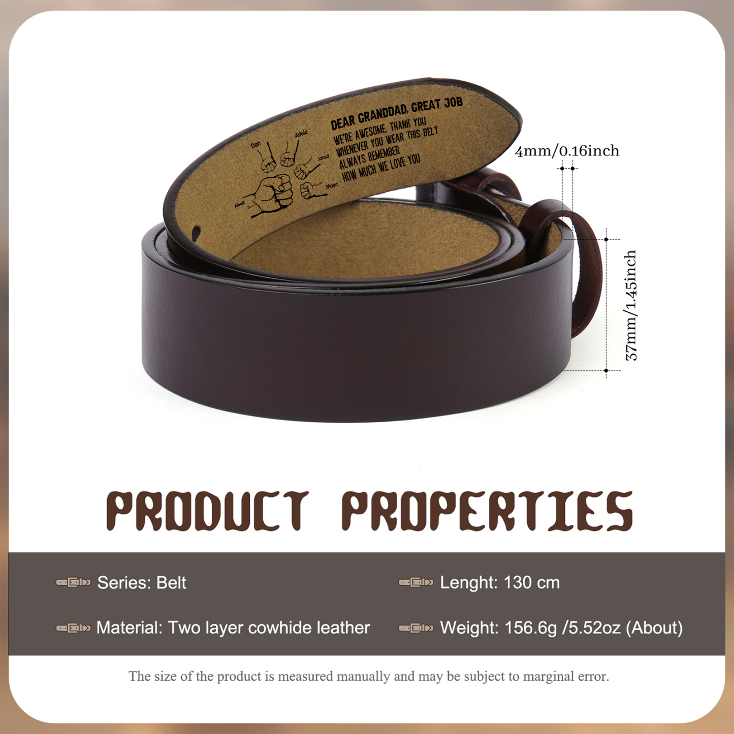 6 names - Personalized Father’s Day Belt "DEAR GRANDDAD GREAT JOB" – Custom Engraved Cowhide Leather Belt for Dad - Hidden Message & Name