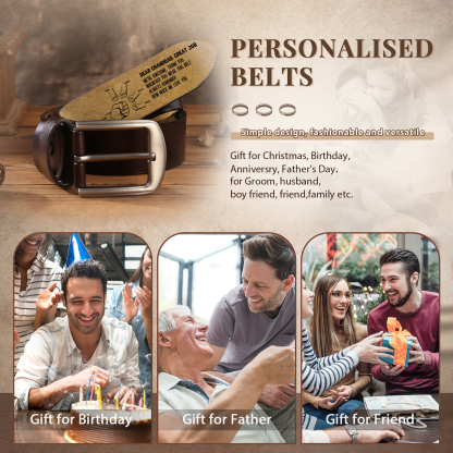 6 names - Personalized Father’s Day Belt "DEAR GRANDDAD GREAT JOB" – Custom Engraved Cowhide Leather Belt for Dad - Hidden Message & Name