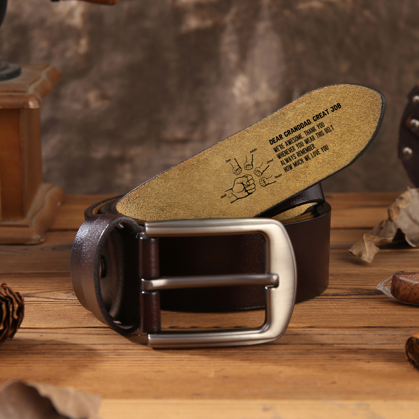 6 names - Personalized Father’s Day Belt "DEAR GRANDDAD GREAT JOB" – Custom Engraved Cowhide Leather Belt for Dad - Hidden Message & Name