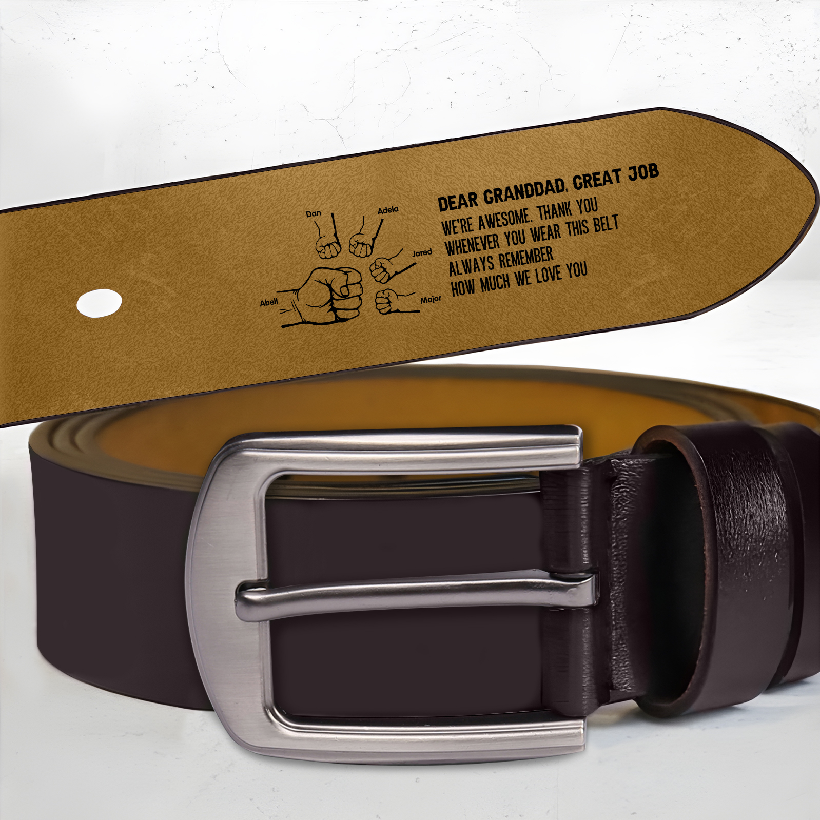 6 names - Personalized Father’s Day Belt "DEAR GRANDDAD GREAT JOB" – Custom Engraved Cowhide Leather Belt for Dad - Hidden Message & Name