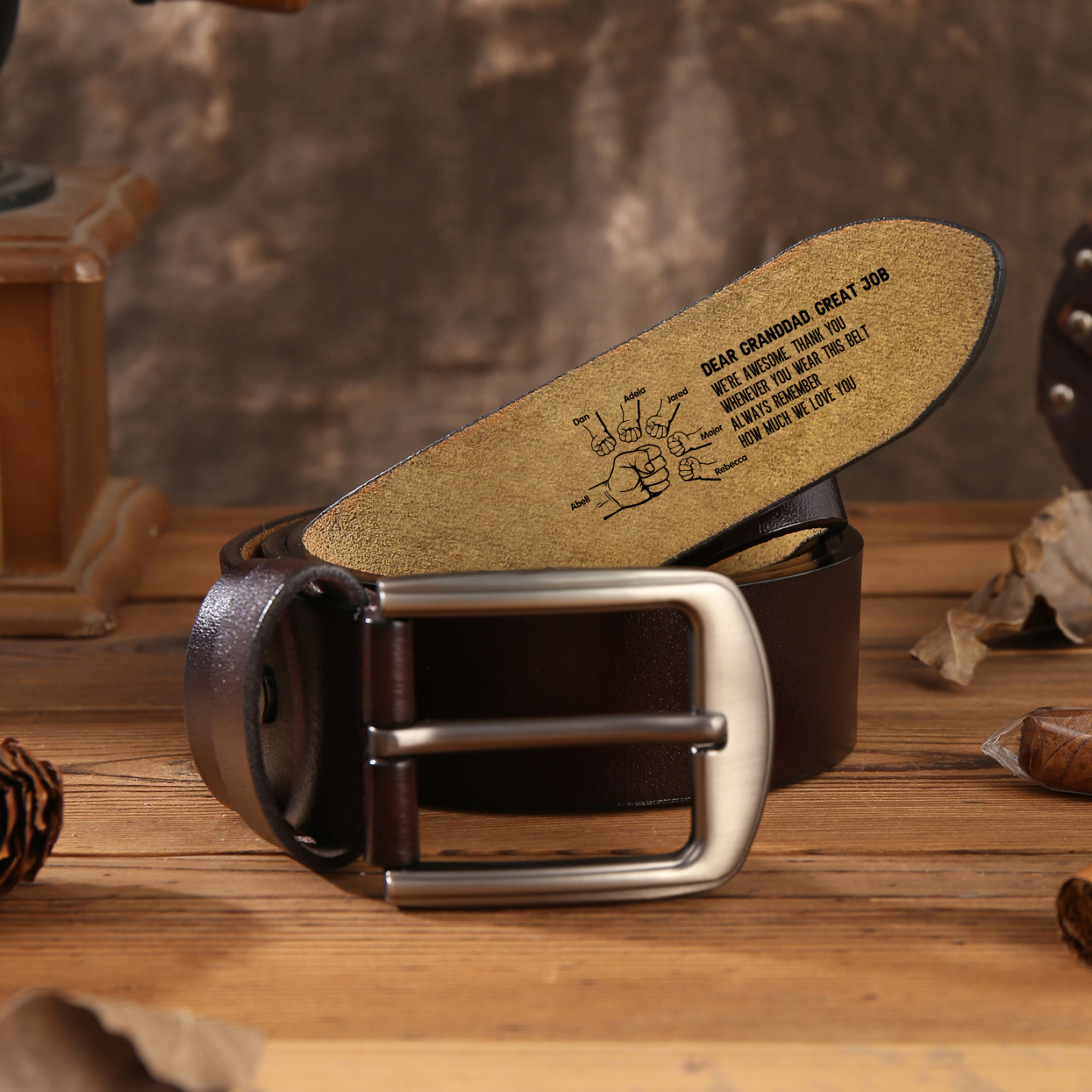 7 names - Personalized Father’s Day Belt "DEAR GRANDDAD GREAT JOB" – Custom Engraved Cowhide Leather Belt for Dad - Hidden Message & Name