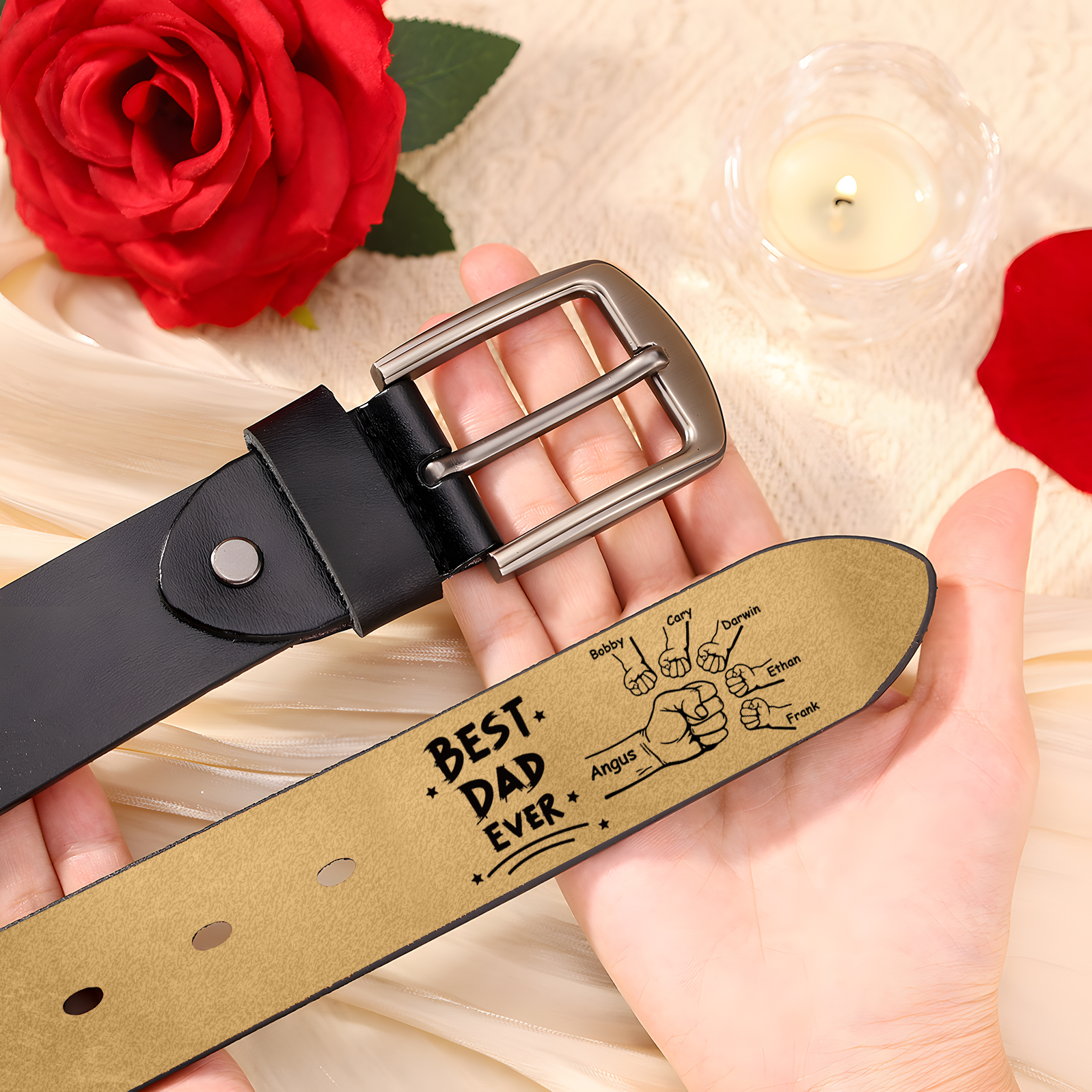 6 names - Personalized Leather Belt for Father’s Day - Premium with Hidden Engraving