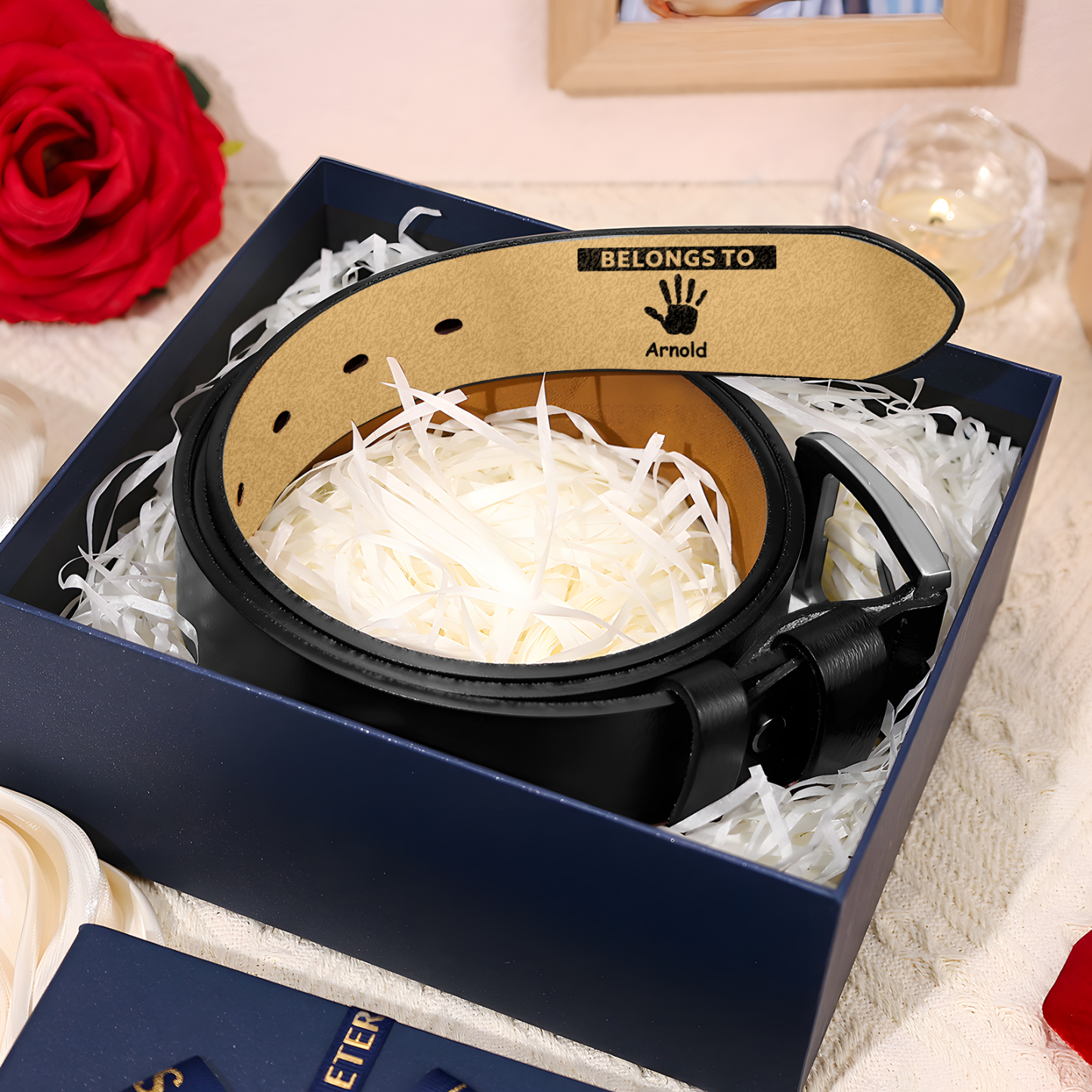 1 name & 2 texts - Personalized Leather Belt for Dad with symbolic handprints  – Hidden Message & Name - Father's Day