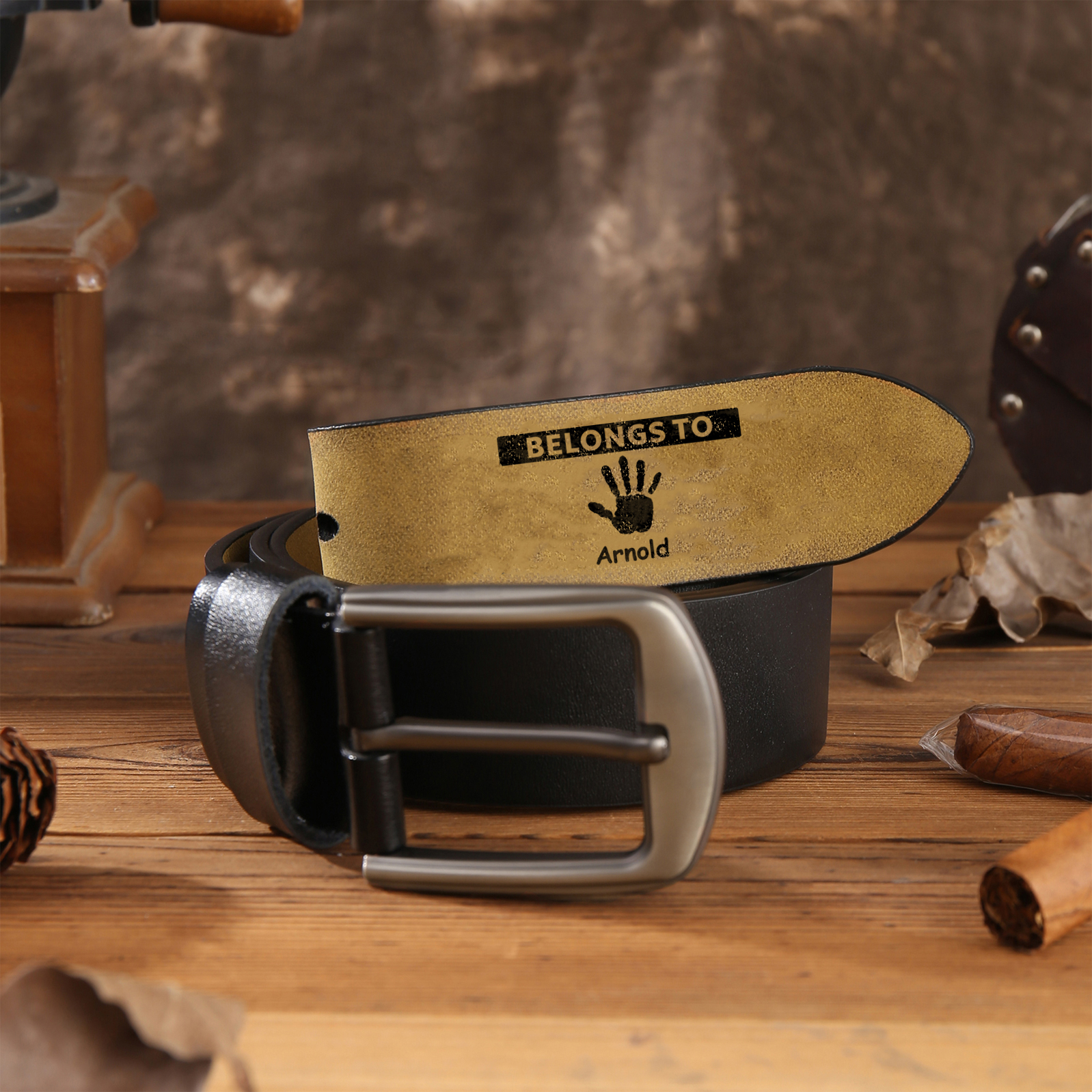 1 name & 2 texts - Personalized Leather Belt for Dad with symbolic handprints  – Hidden Message & Name - Father's Day