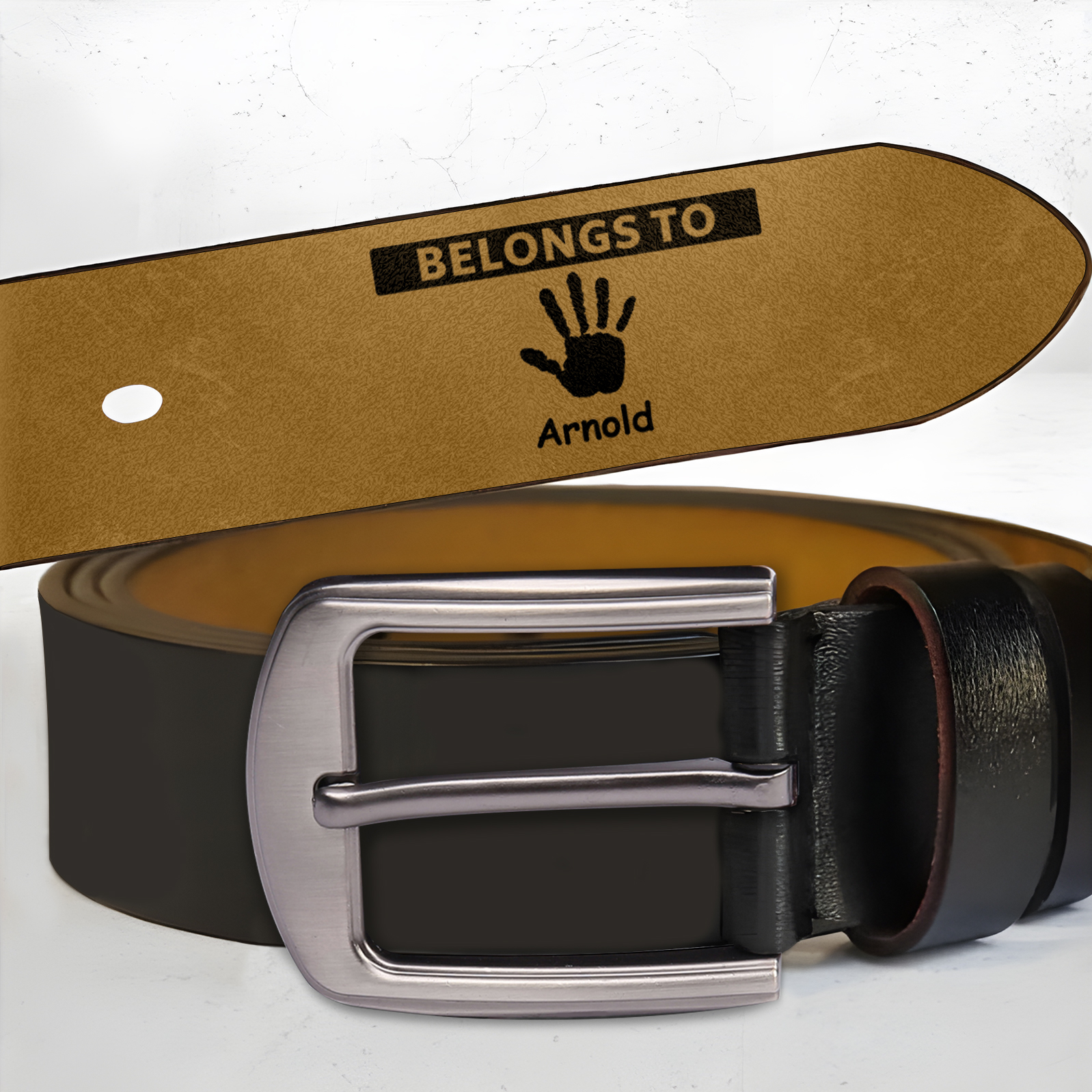 1 name & 2 texts - Personalized Leather Belt for Dad with symbolic handprints  – Hidden Message & Name - Father's Day