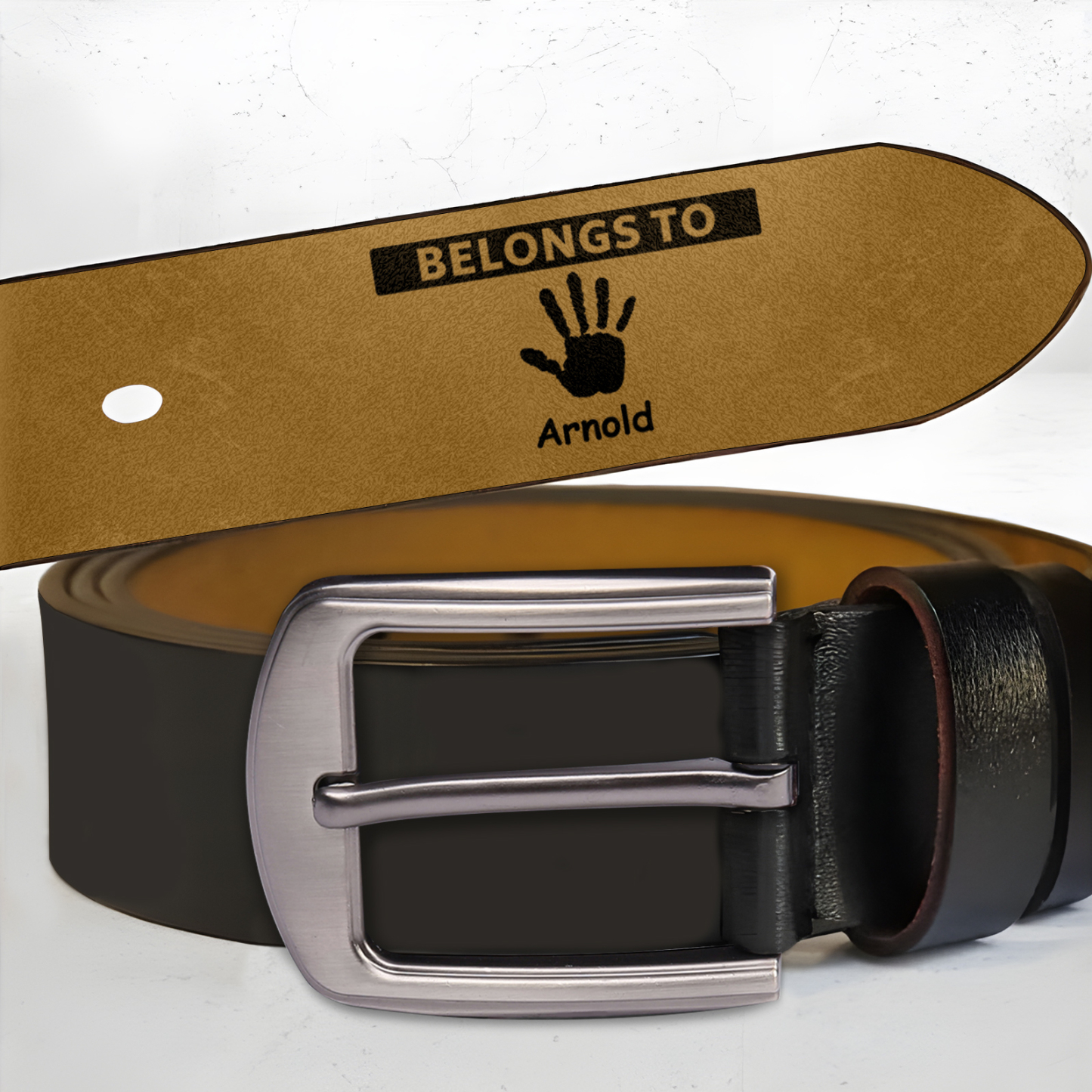 1 name & 2 texts - Personalized Leather Belt for Dad with symbolic handprints  – Hidden Message & Name - Father's Day