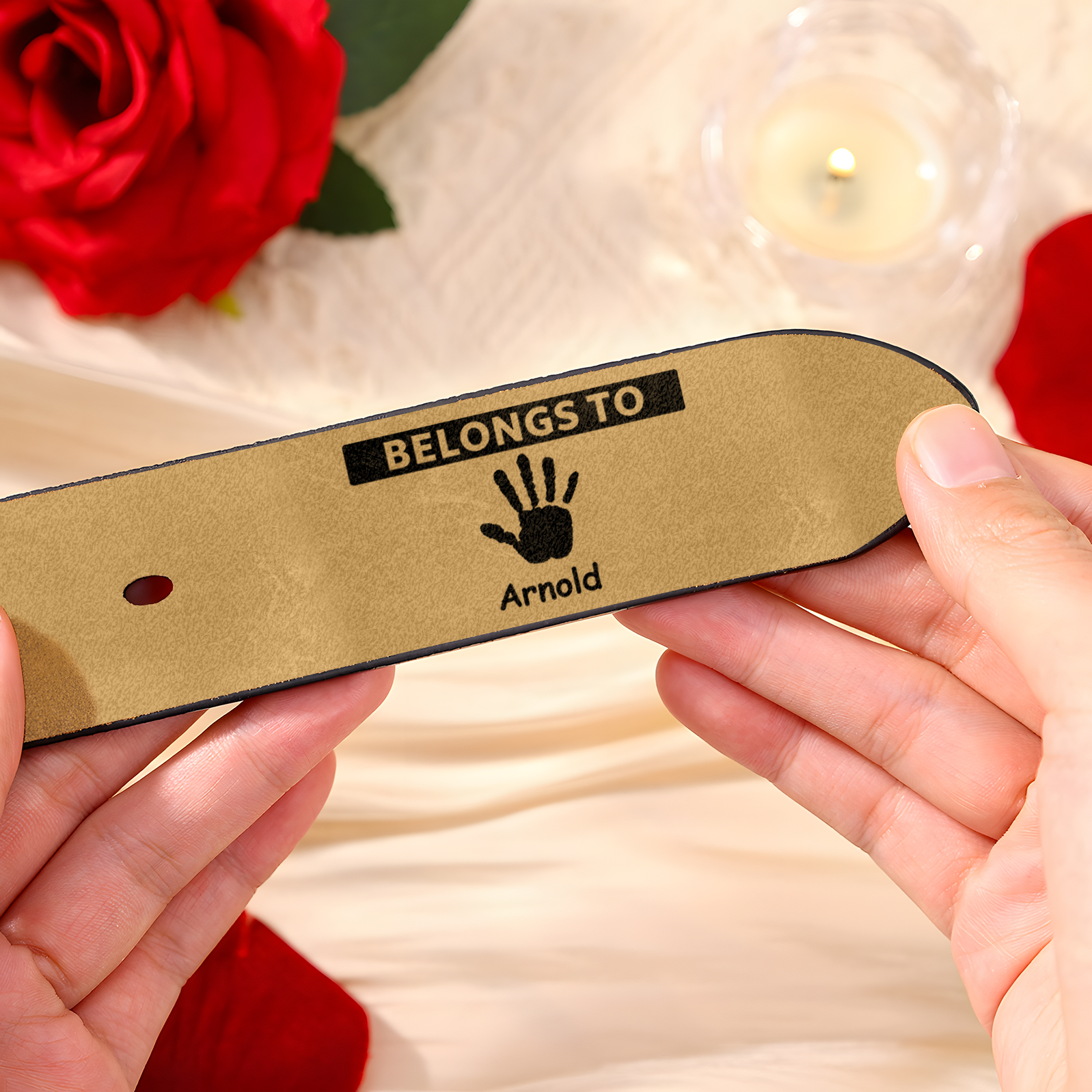 1 name & 2 texts - Personalized Leather Belt for Dad with symbolic handprints  – Hidden Message & Name - Father's Day