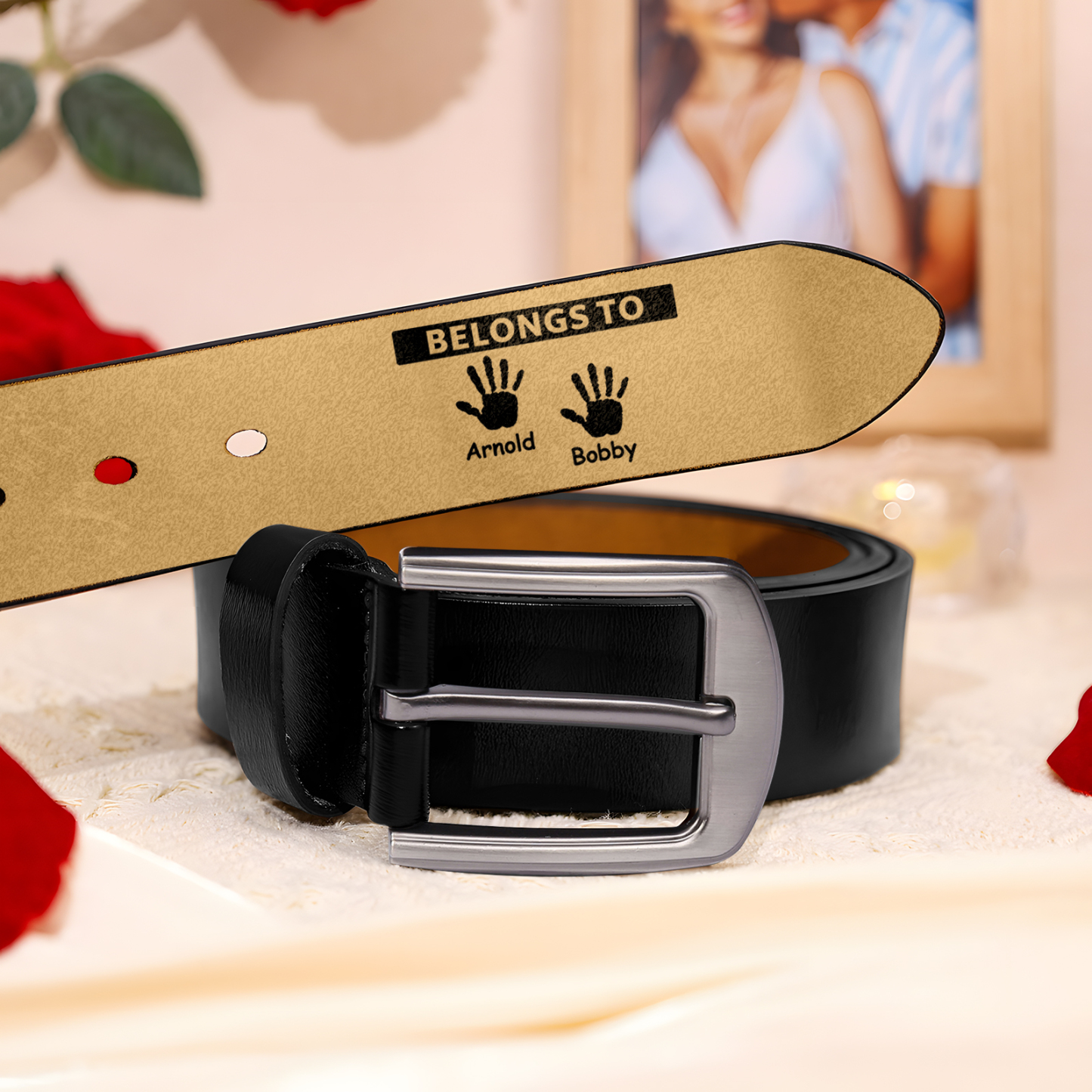 2 names & 2 texts - Personalized Leather Belt for Dad with symbolic handprints  – Hidden Message & Name - Father's Day